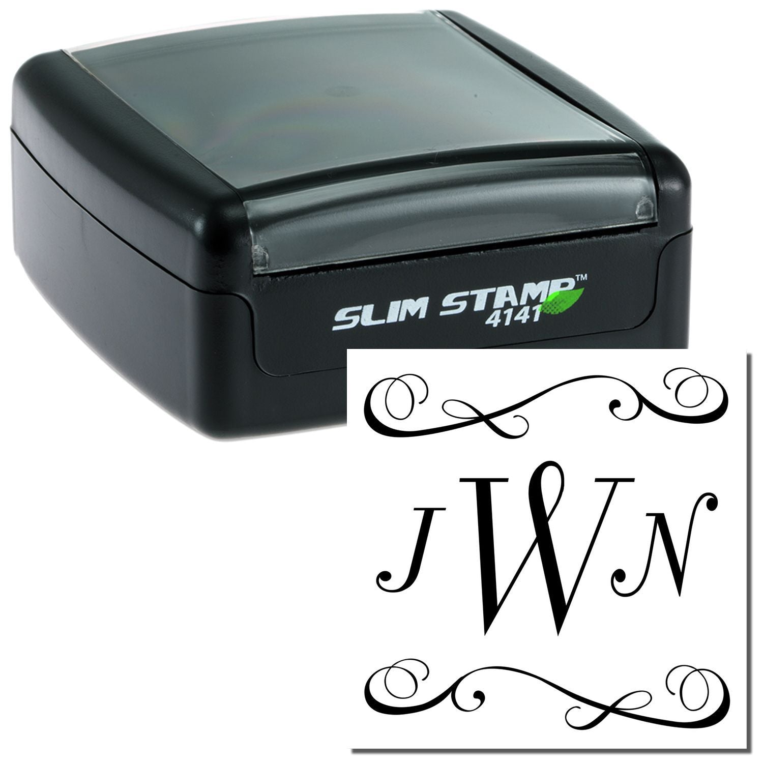 Custom self-inking rubber stamp with decorative JWN monogram, ideal for personalized branding, stationery, and weddings.