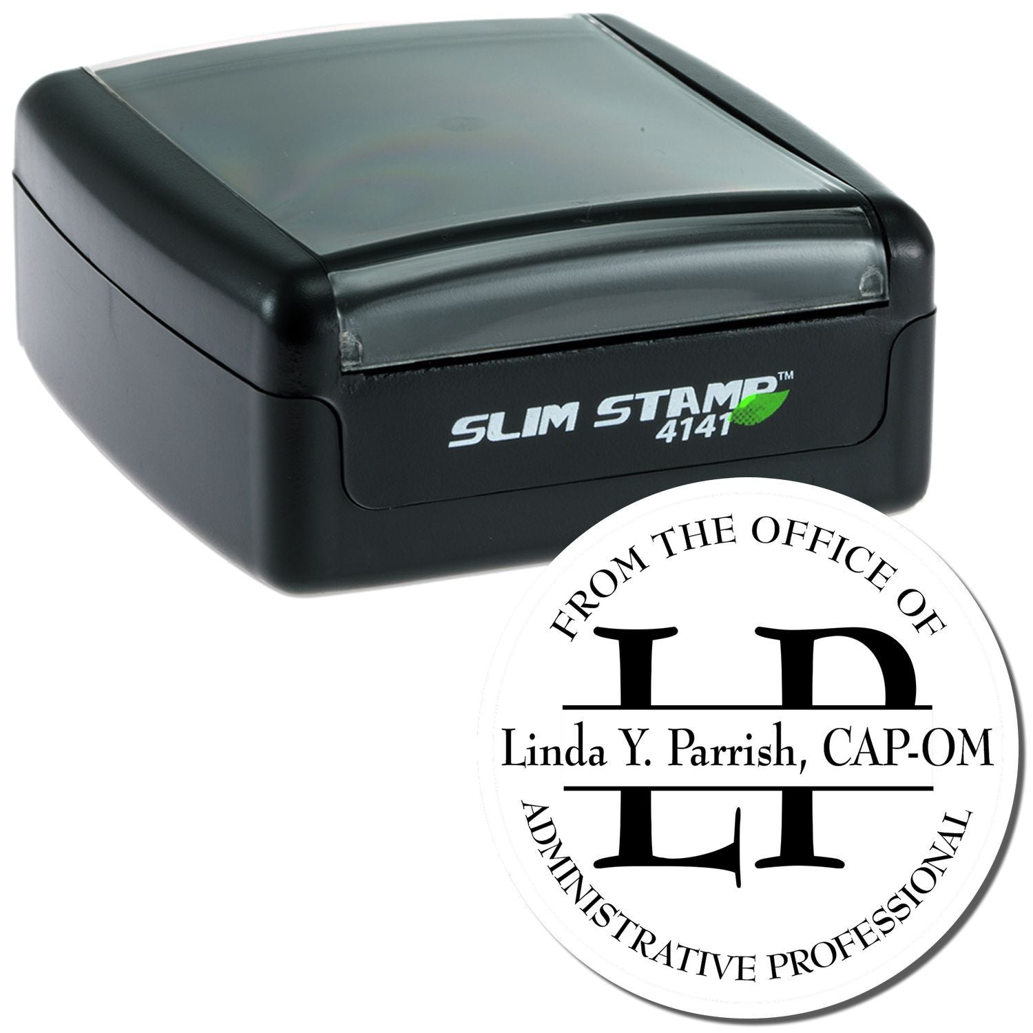 Self-inking Slim Stamp 4141 rubber stamp with custom round administrative professional office seal for Linda Y. Parrish.