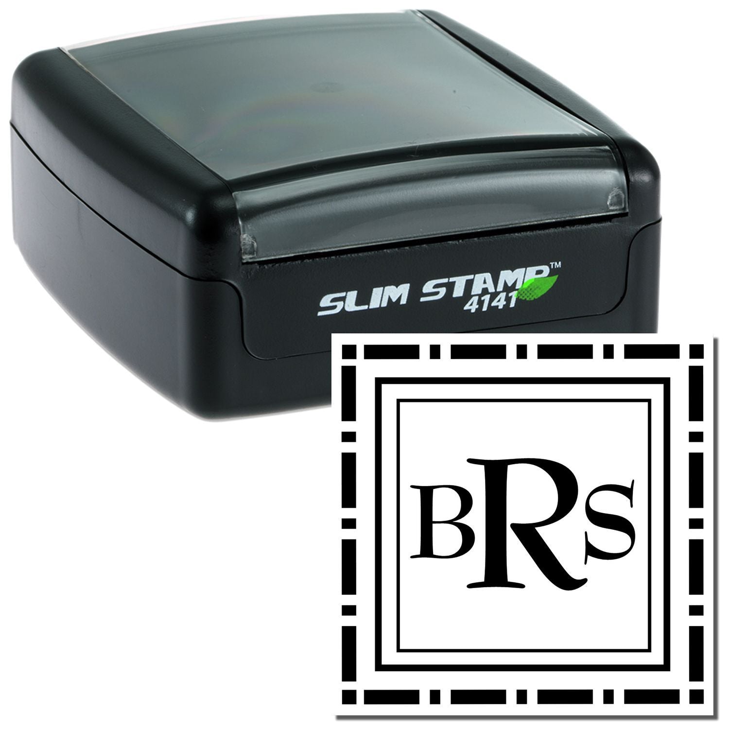 Slim Stamp 4141 self-inking rubber stamp with custom square monogram, ideal for personalized business branding.