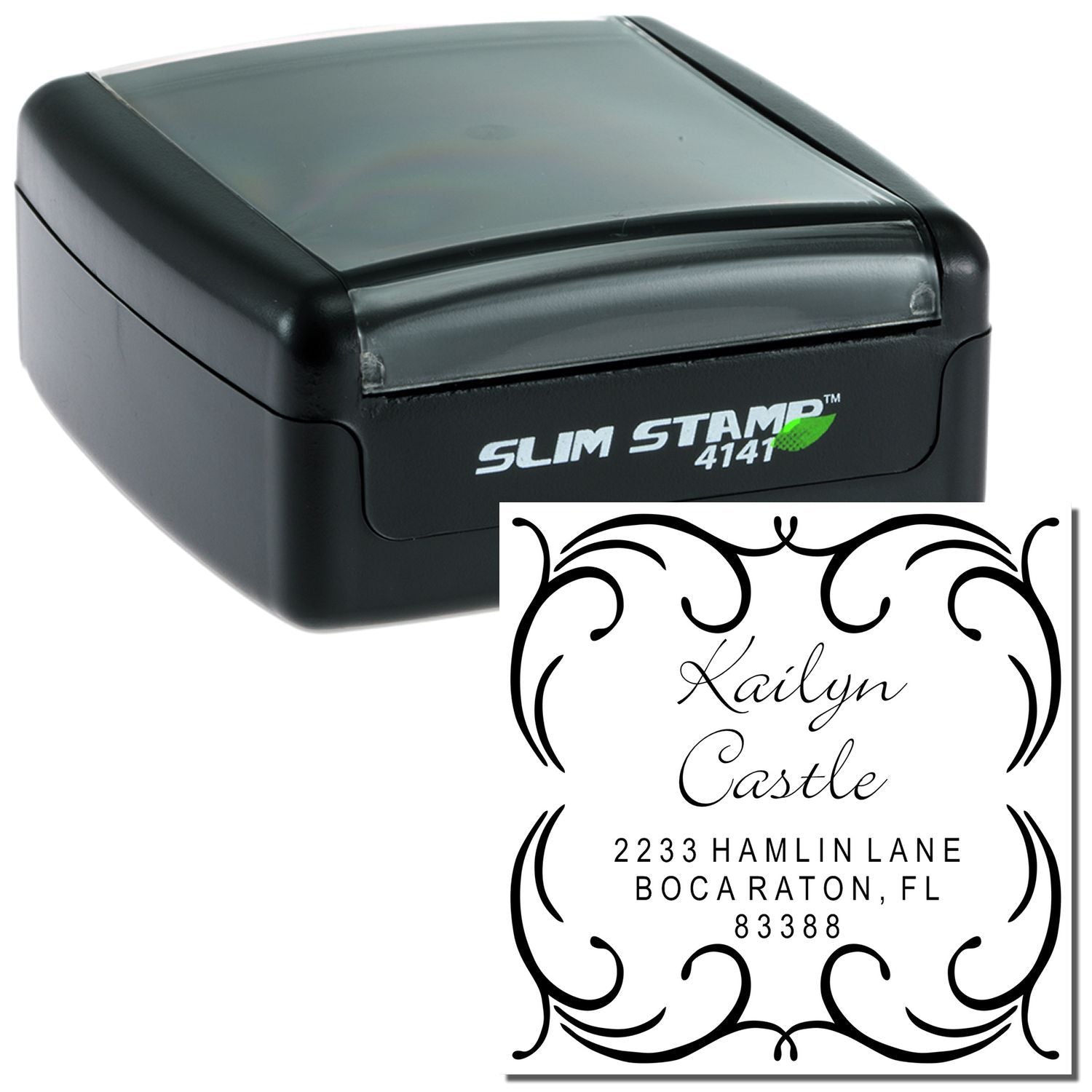 Self-inking custom address rubber stamp with decorative monogram design for personalized mailing and return addresses.