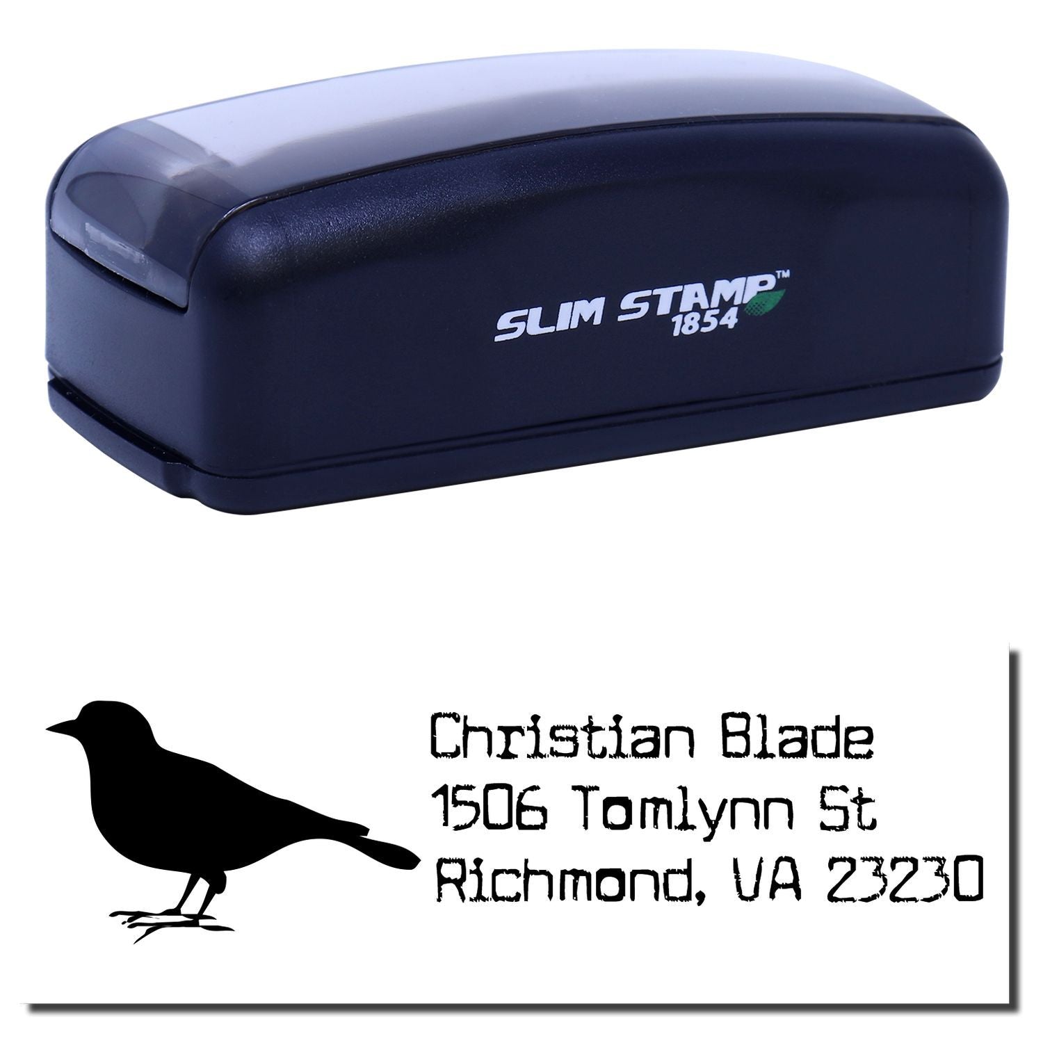 Slim Stamp 1854 self-inking rubber address stamp with custom bird design and return address imprint for mailing and branding