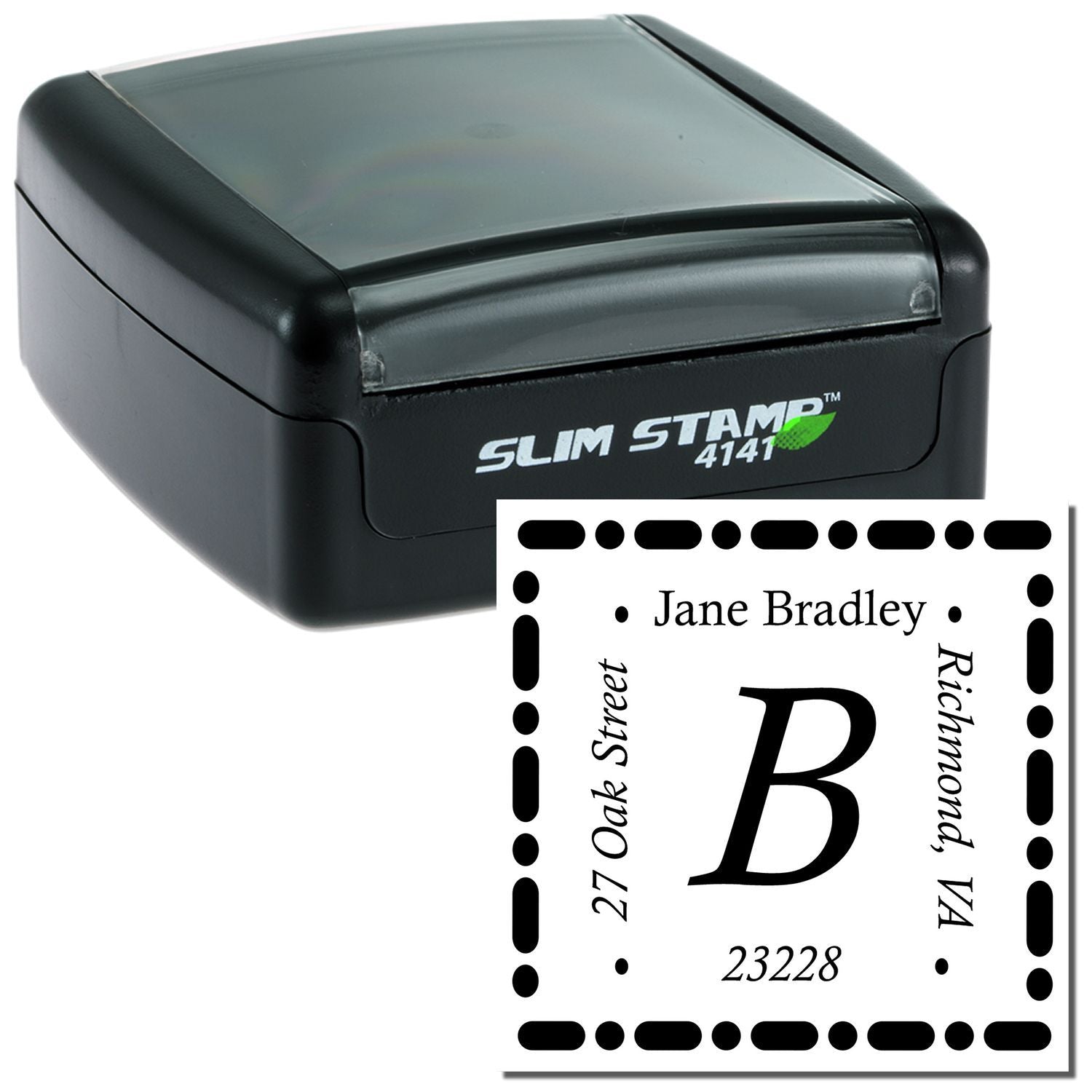 Slim Stamp self-inking custom address rubber stamp with monogram B and Richmond, VA return address