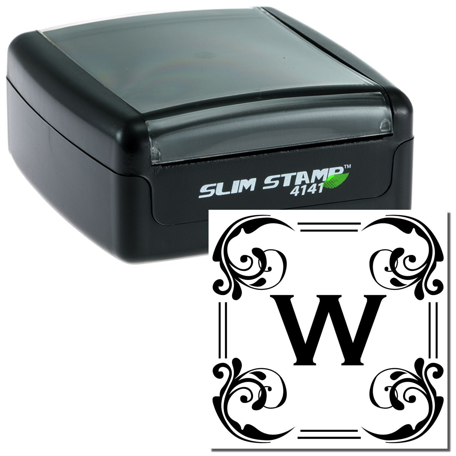Slim Stamp 4141 self-inking rubber stamp with decorative monogram W design for custom wedding or personalized stamping.