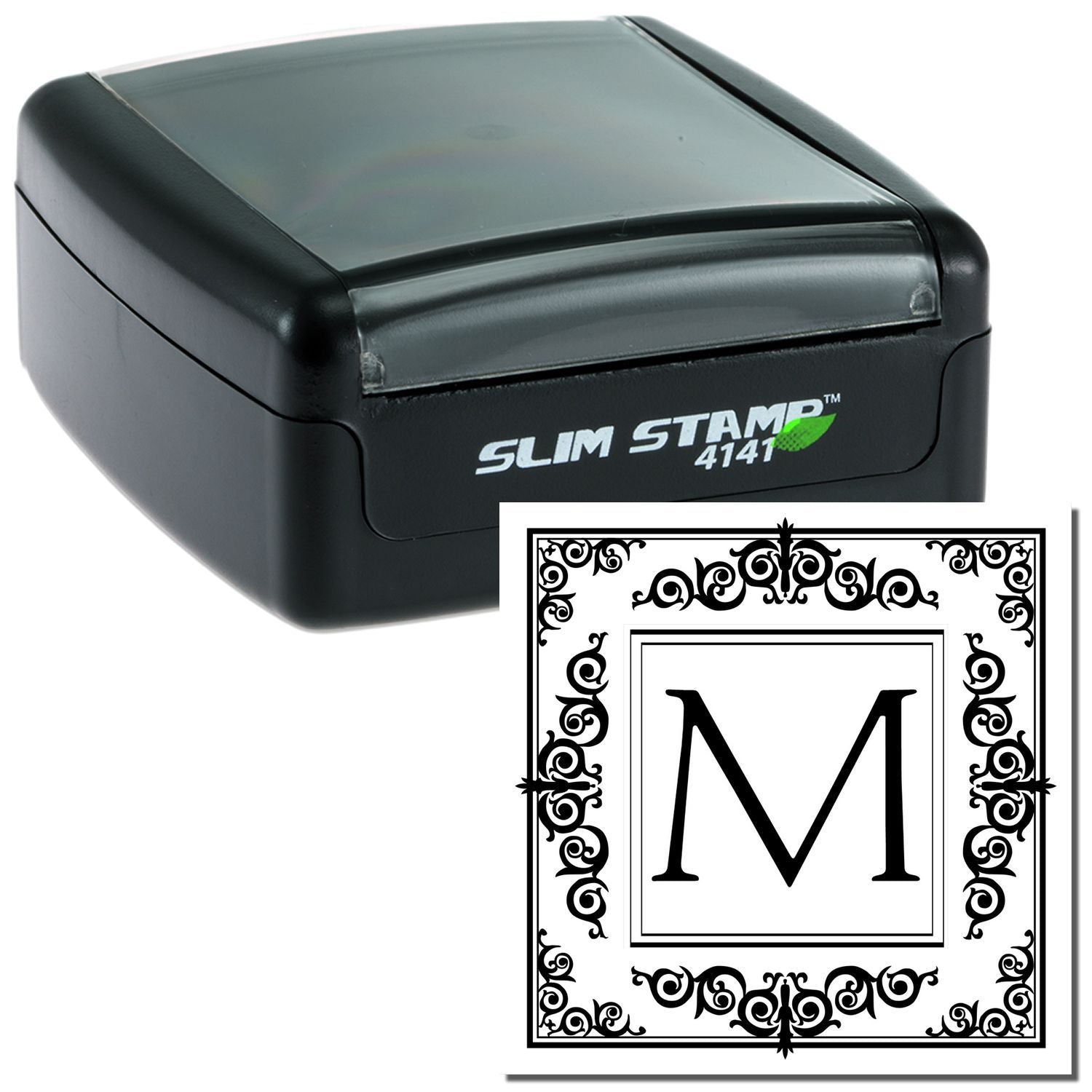 Slim self-inking rubber stamp with ornate monogram M for personalized stationery, wedding invitations, and business branding.
