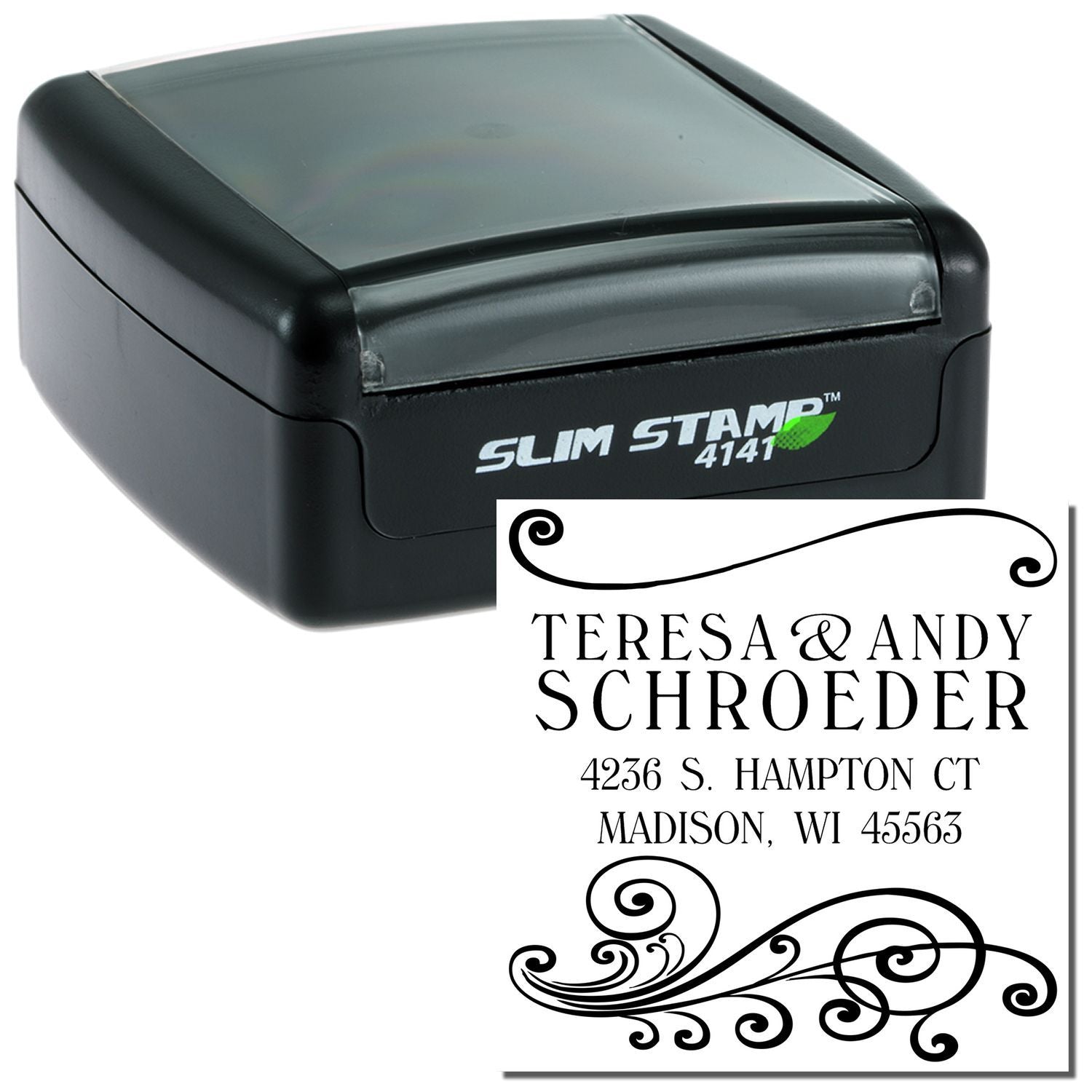 Custom Slim Stamp self-inking address stamp with decorative swirl design and name address imprint for mailing and personal use.