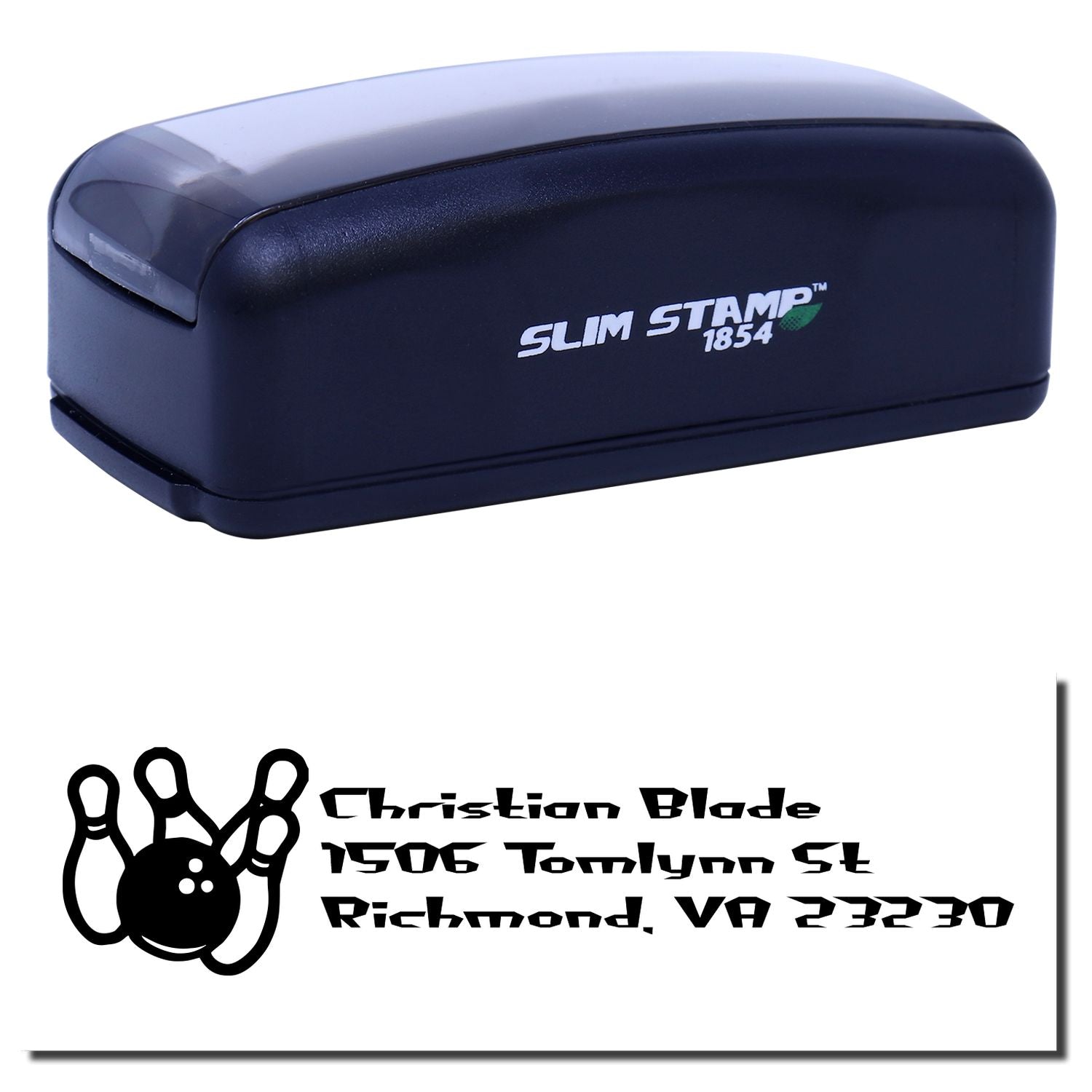 Slim Stamp 1854 custom self-inking rubber stamp with bowling address design, ideal for personalized return mail.