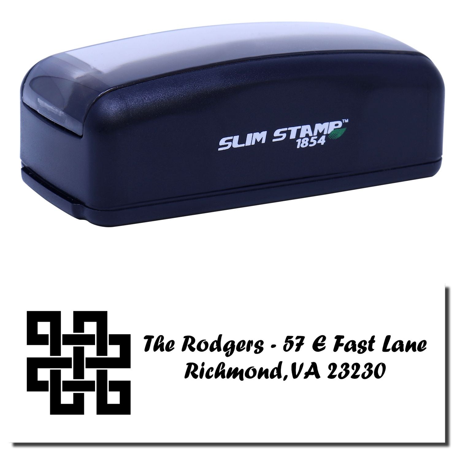 Custom self-inking Slim Stamp 1854 rubber stamp with logo and address imprint for business mailing.