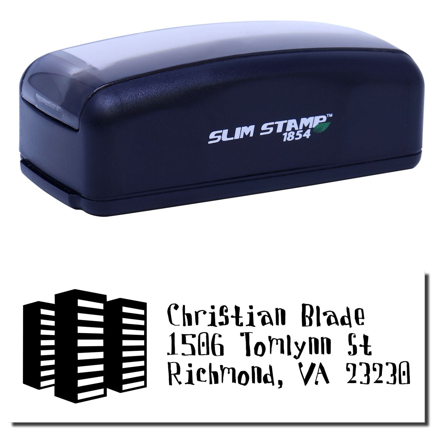 Slim Stamp 1854 self-inking custom return address rubber stamp with Christian Blade, Richmond VA sample imprint.