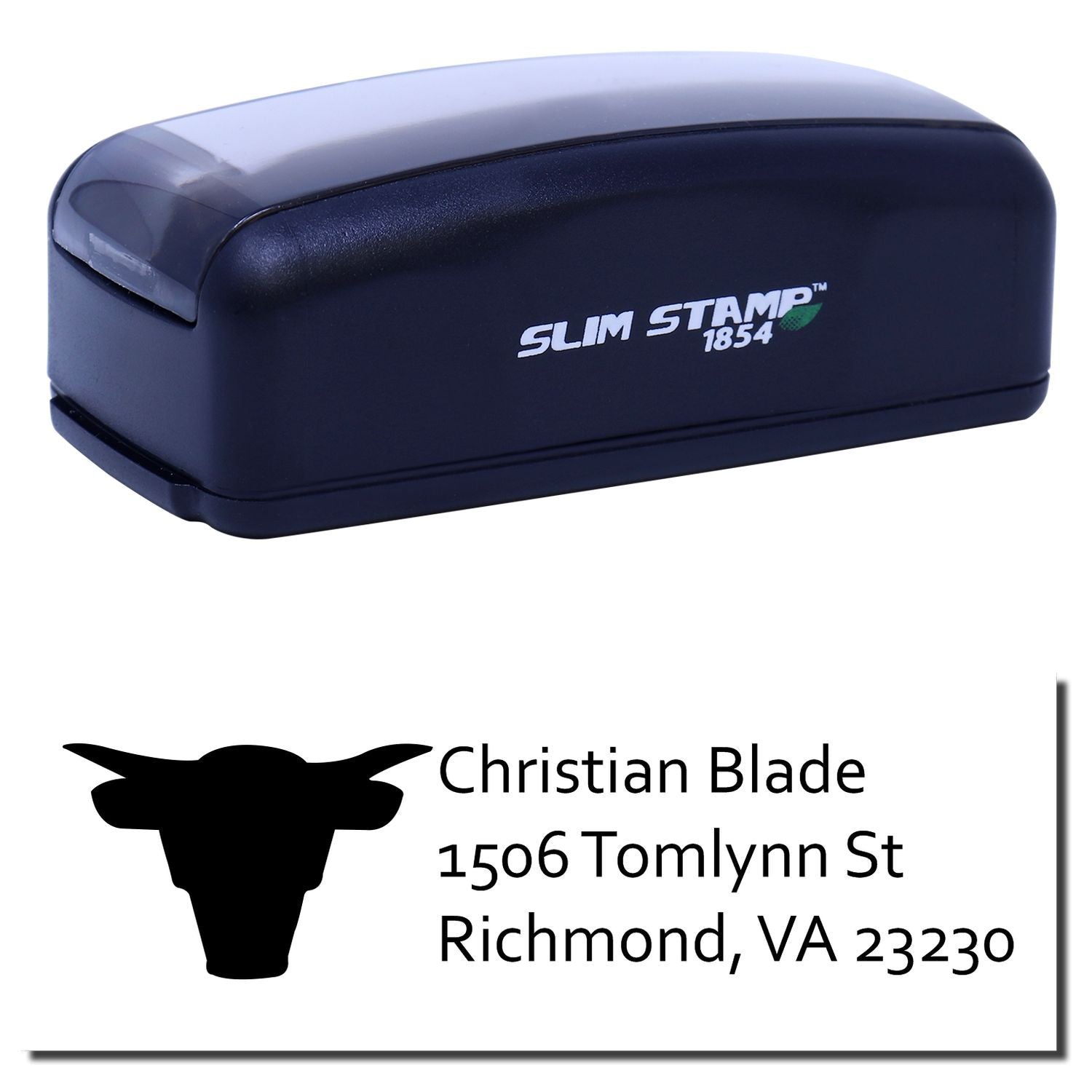 Custom self-inking Slim Stamp 1854 rubber stamp with Christian Blade address and logo imprint for Richmond, VA.
