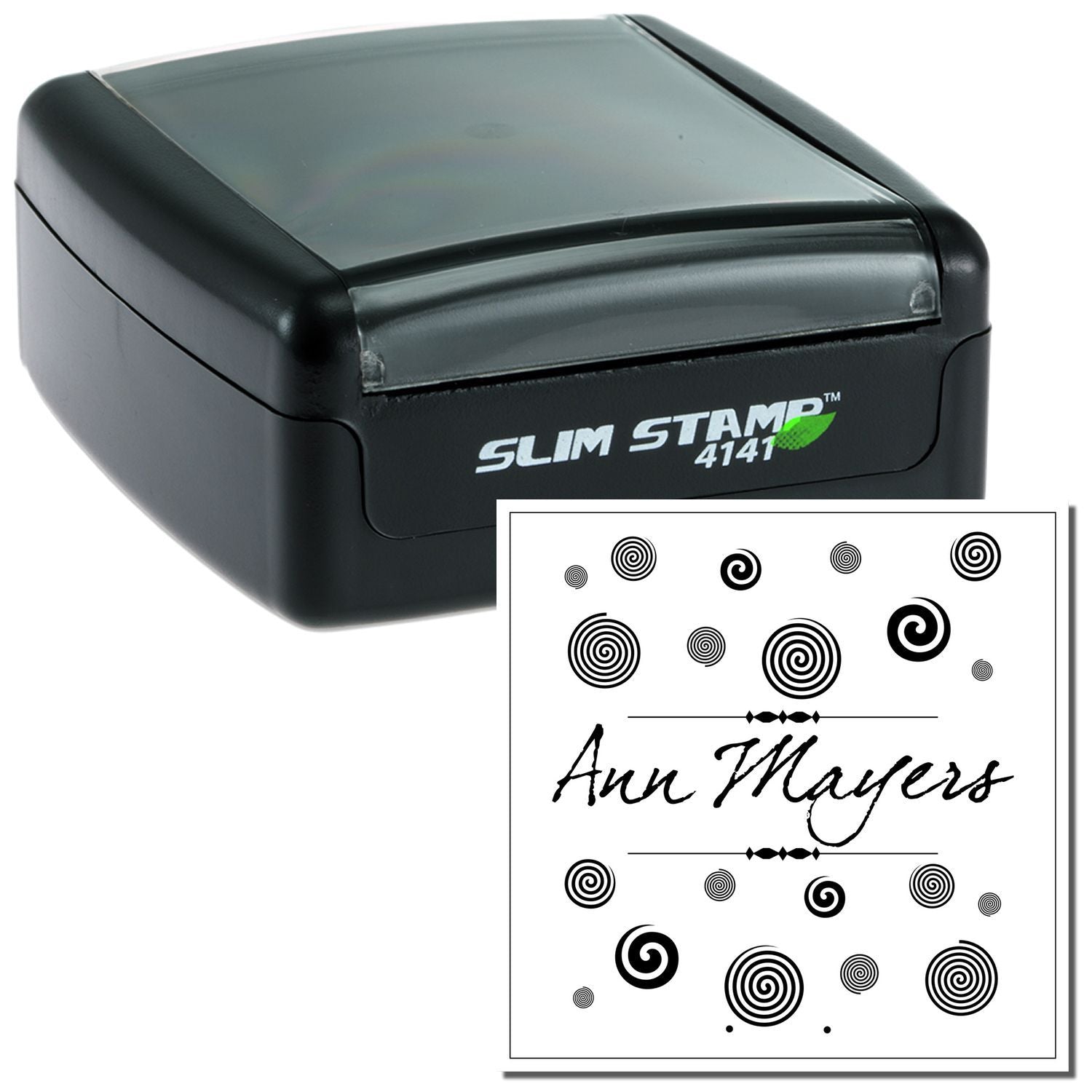 Slim Stamp 4114 automatic self-inking stamp with pattern card showing Awu Hjuvers design for packaging labeling and crafts