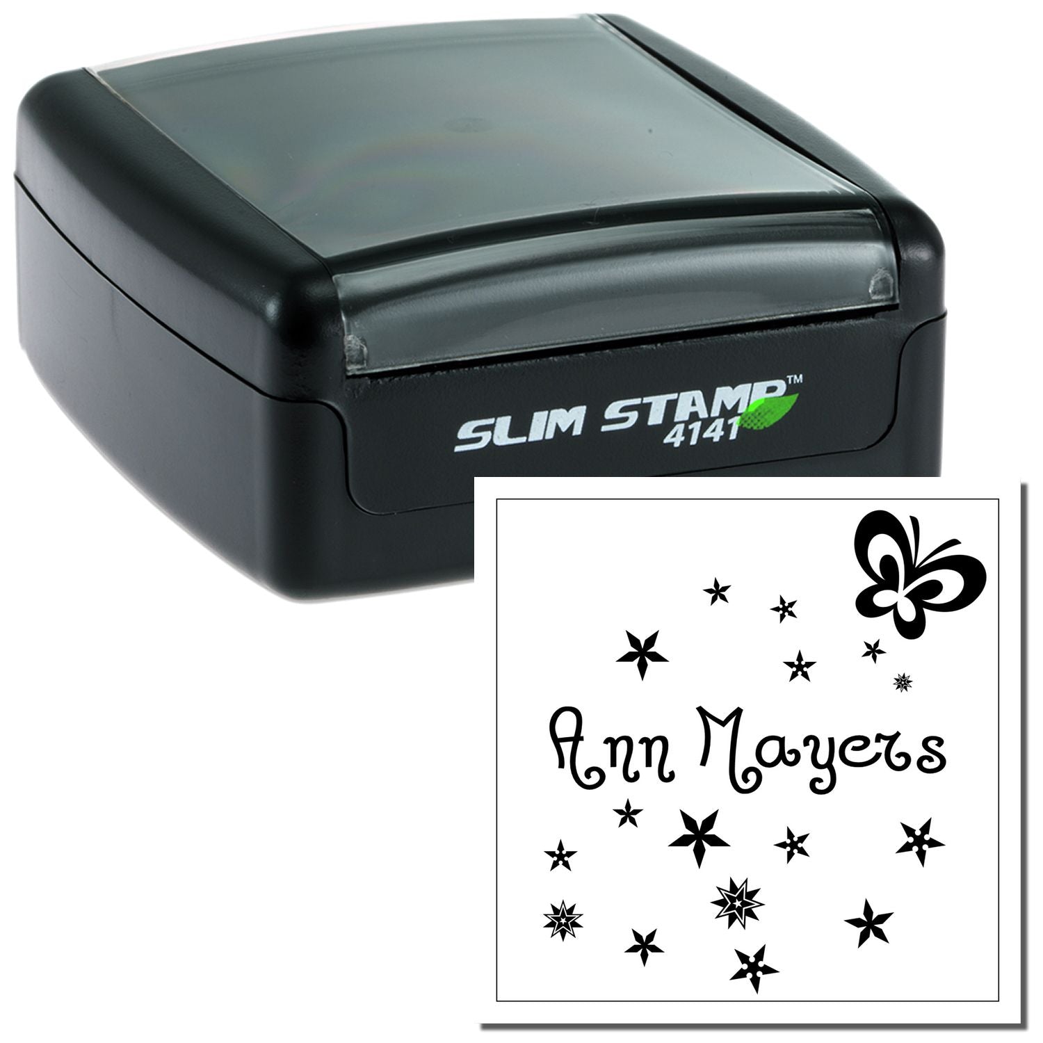 Personalized self-inking rubber stamp with custom name Ann Mayers and decorative stars and butterfly design