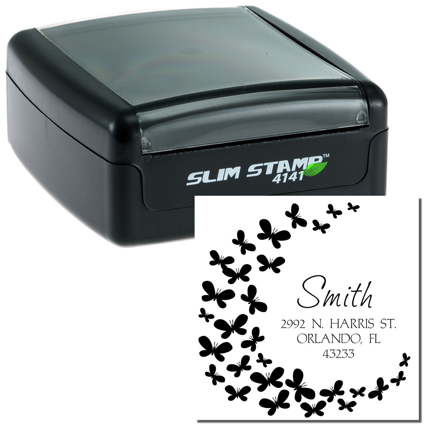 Slim Stamp 4141 custom address rubber stamp with butterfly design for personalized mailing and business branding.