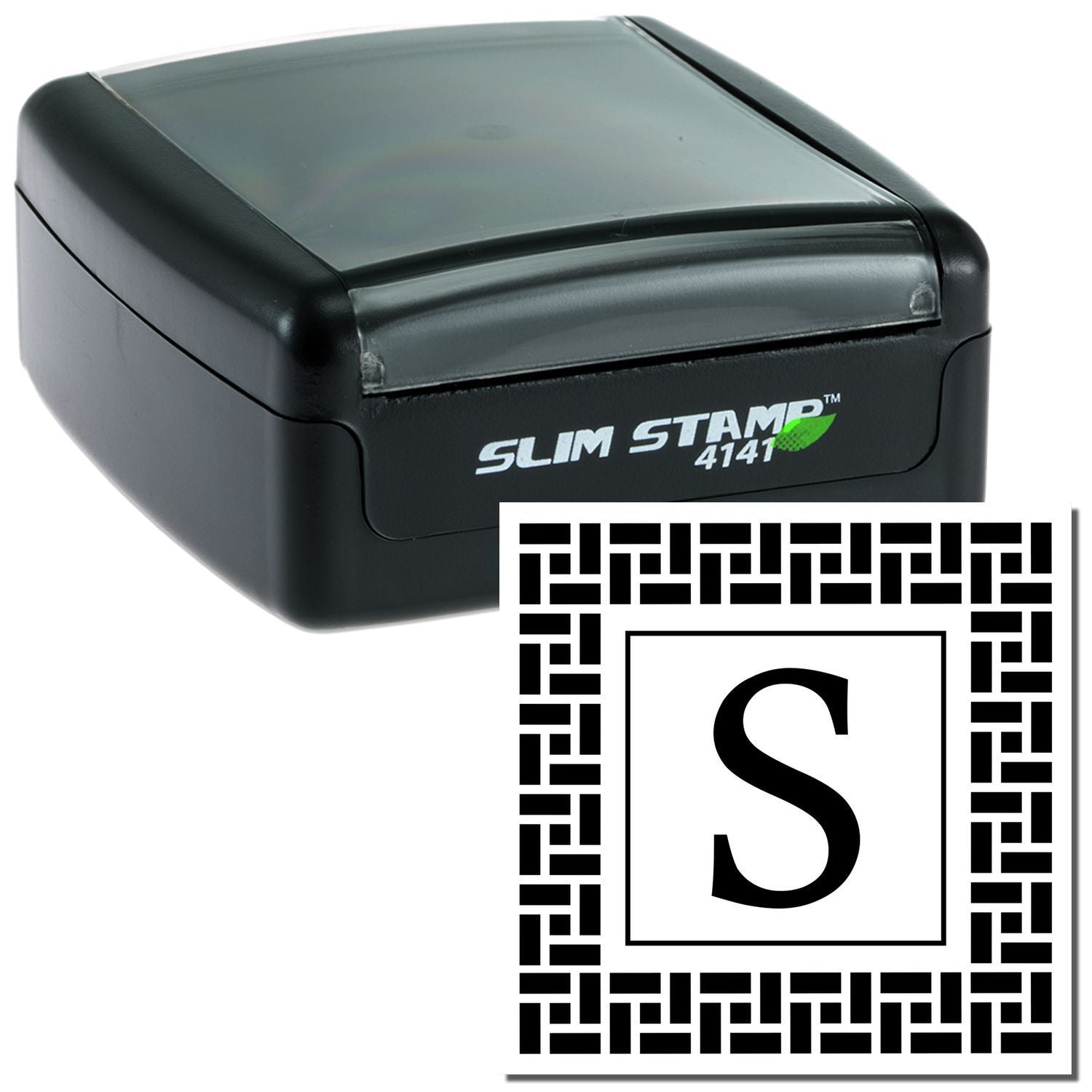 Self-inking rubber stamp with decorative monogram S for personalized business or address stamping.