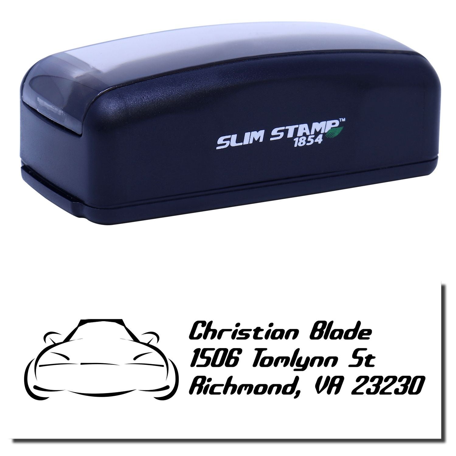Slim Stamp 1854 self-inking rubber stamp with custom return address and car logo imprint for business branding.