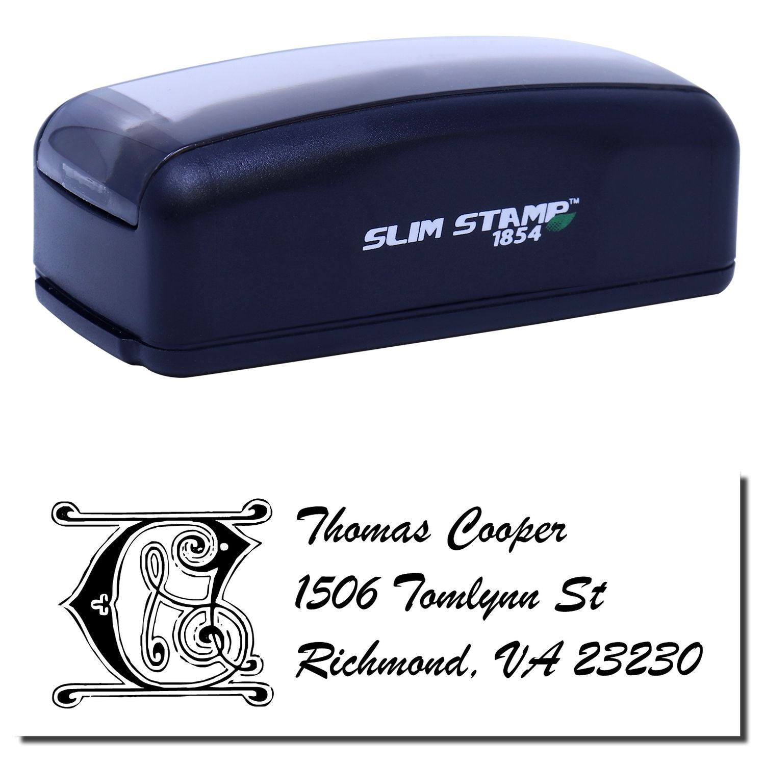 Slim Stamp 1854 self-inking rubber stamp for custom monogram return address imprint with name and mailing address.