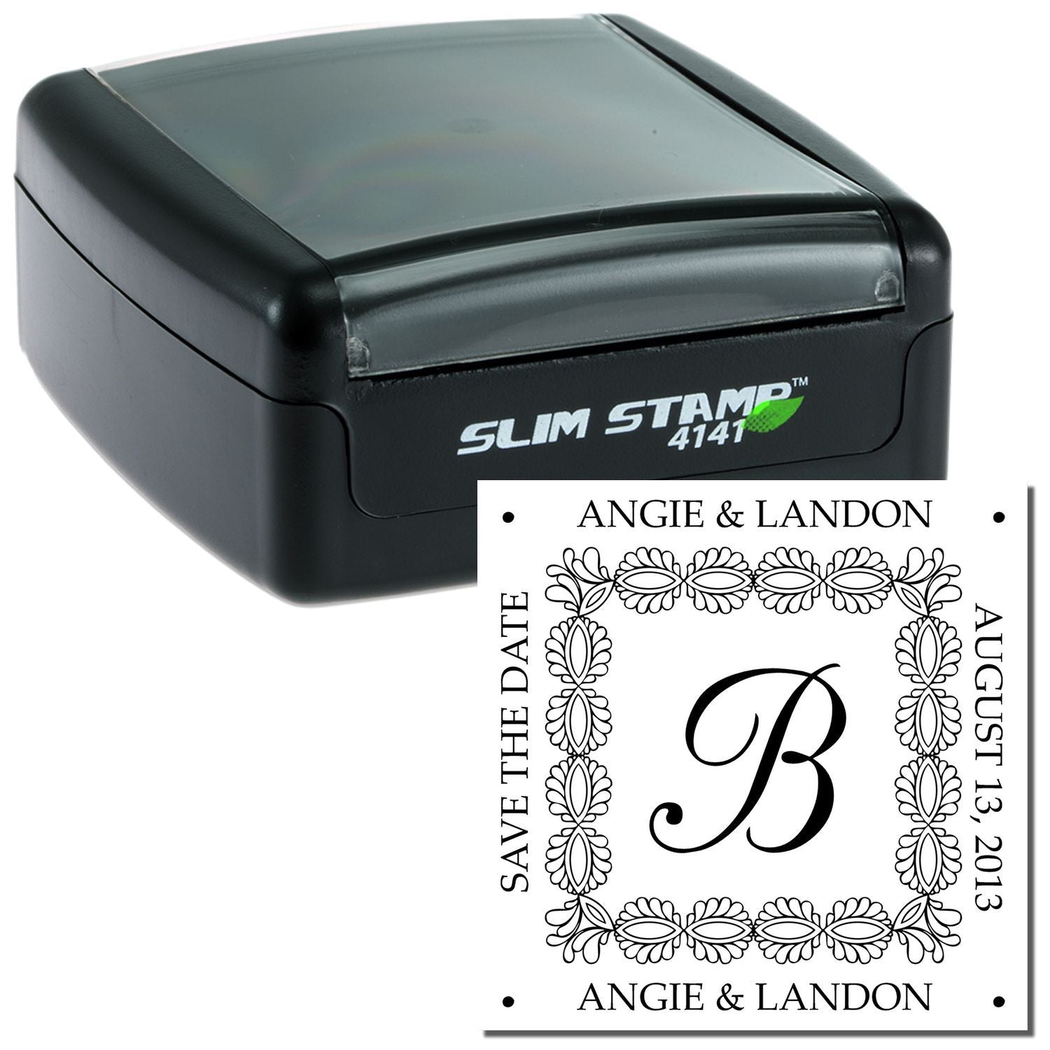 Slim Stamp 4141 self-inking custom rubber stamp with monogram wedding design for personalized save the date invitations.