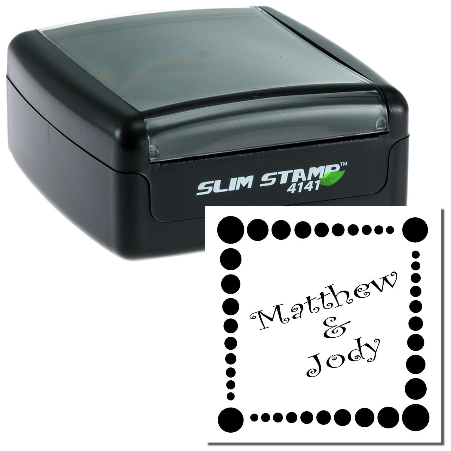 Custom self-inking rubber stamp with Slim Stamp 4141 case and decorative Matthew & Jody address-style imprint