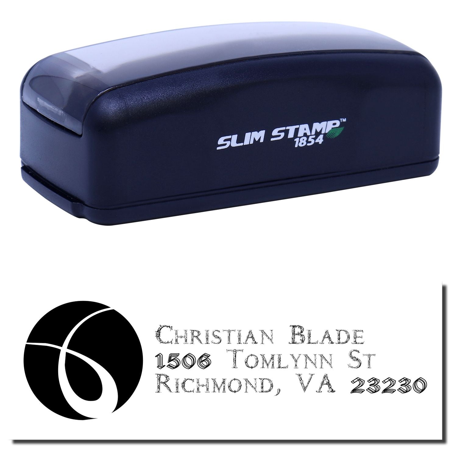 Slim Stamp 1854 self-inking address rubber stamp with custom logo and mailing imprint