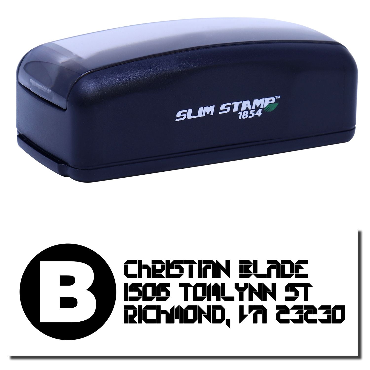Custom self-inking rubber address stamp with monogram B, Christian Blade, 806 Tollynn St, Richmond, VA 23230.