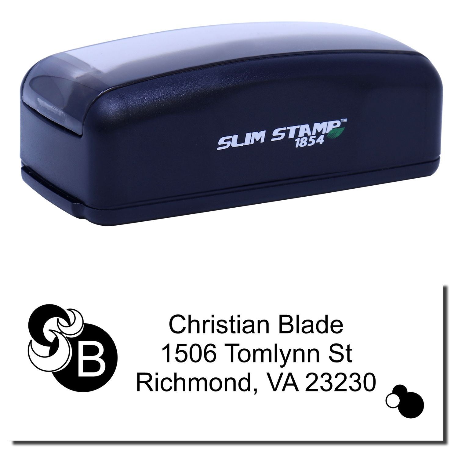 Custom self-inking Slim Stamp 1854 address rubber stamp with Christian Blade Richmond, VA return address design