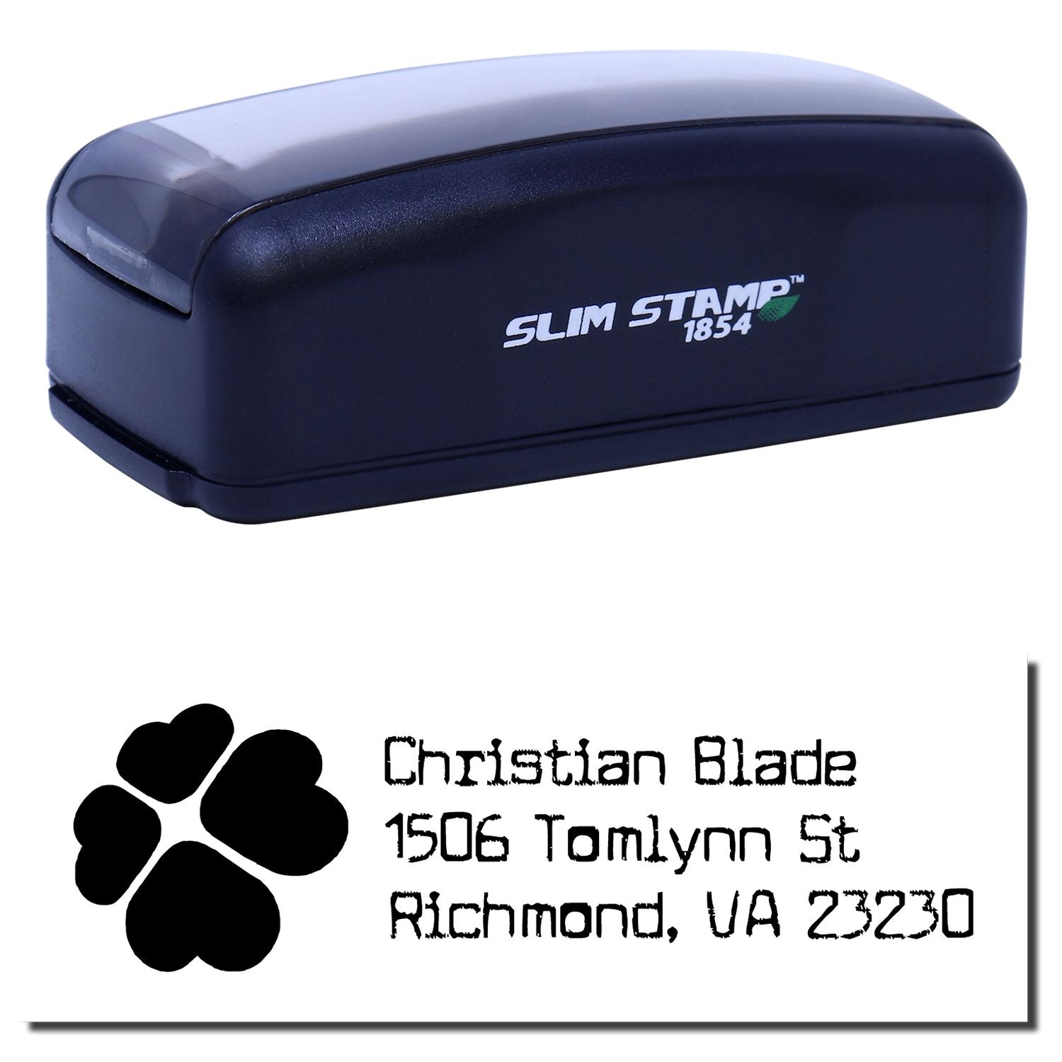 Slim Stamp 1854 self-inking custom return address rubber stamp with paw print design for Christian Blade.