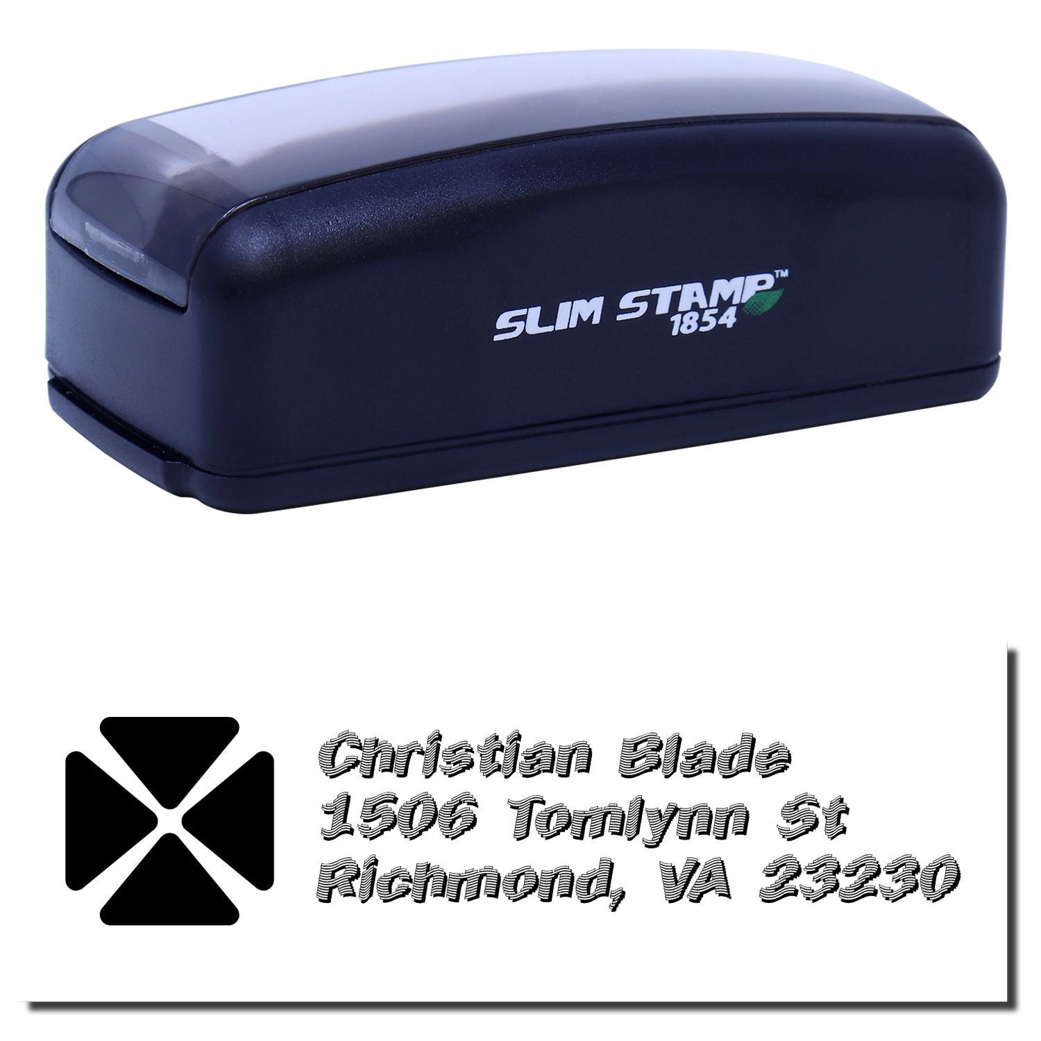 Slim Stamp 1854 self-inking rubber address stamp with custom logo and Richmond, VA return address imprint.