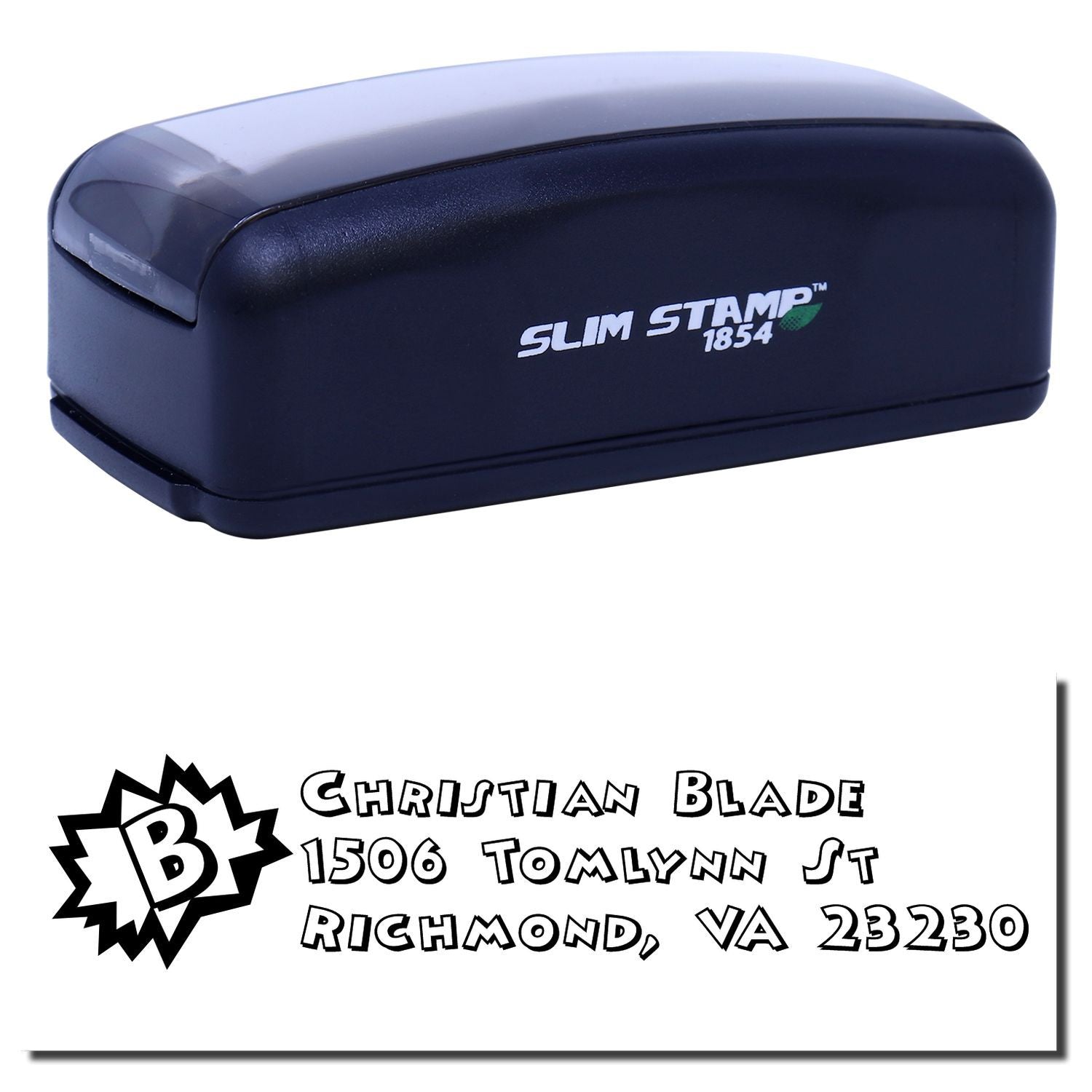 Slim Stamp 1854 self-inking rubber stamp with custom address imprint for business or personal mailing use