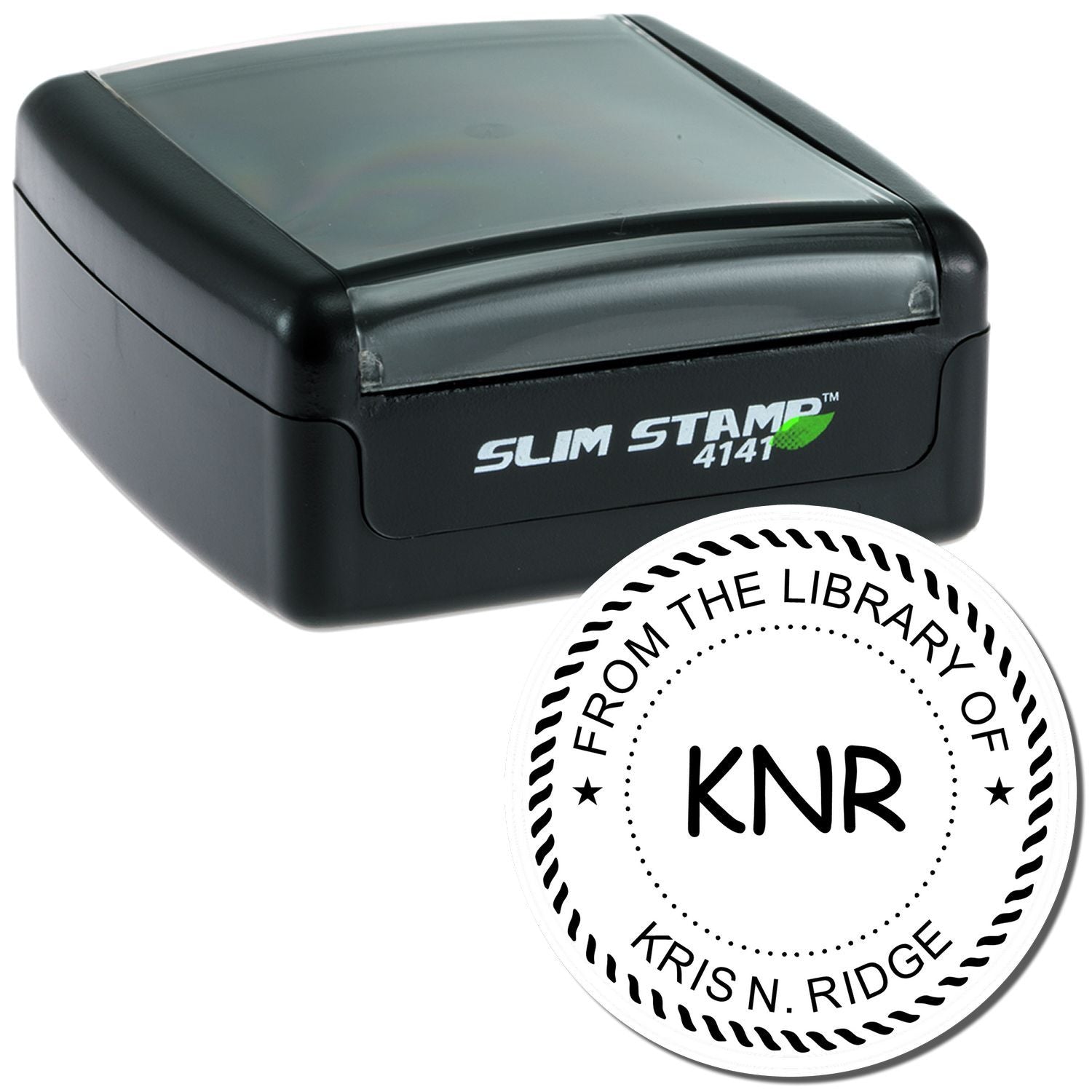Custom self-inking rubber stamp for books, shown with From the Library of KNR Kris N. Ridge library ownership imprint.