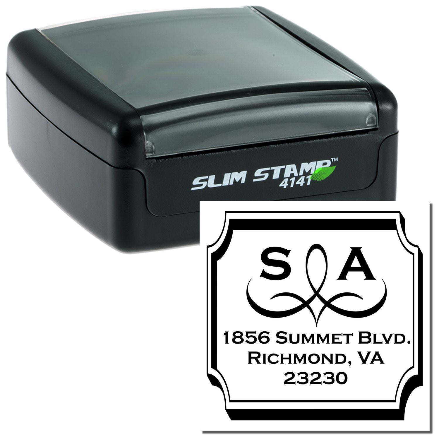 Slim Stamp 4141 self-inking custom return address rubber stamp with decorative address imprint for business or personal use