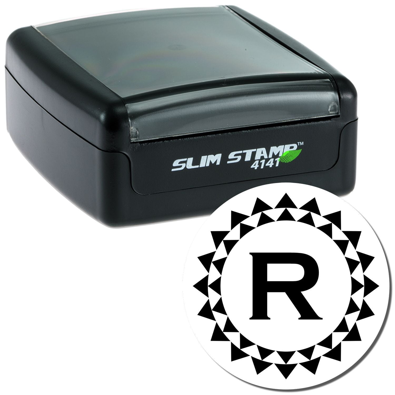 Slim Stamp 4141 self-inking rubber stamp with custom R monogram seal for professional document branding.