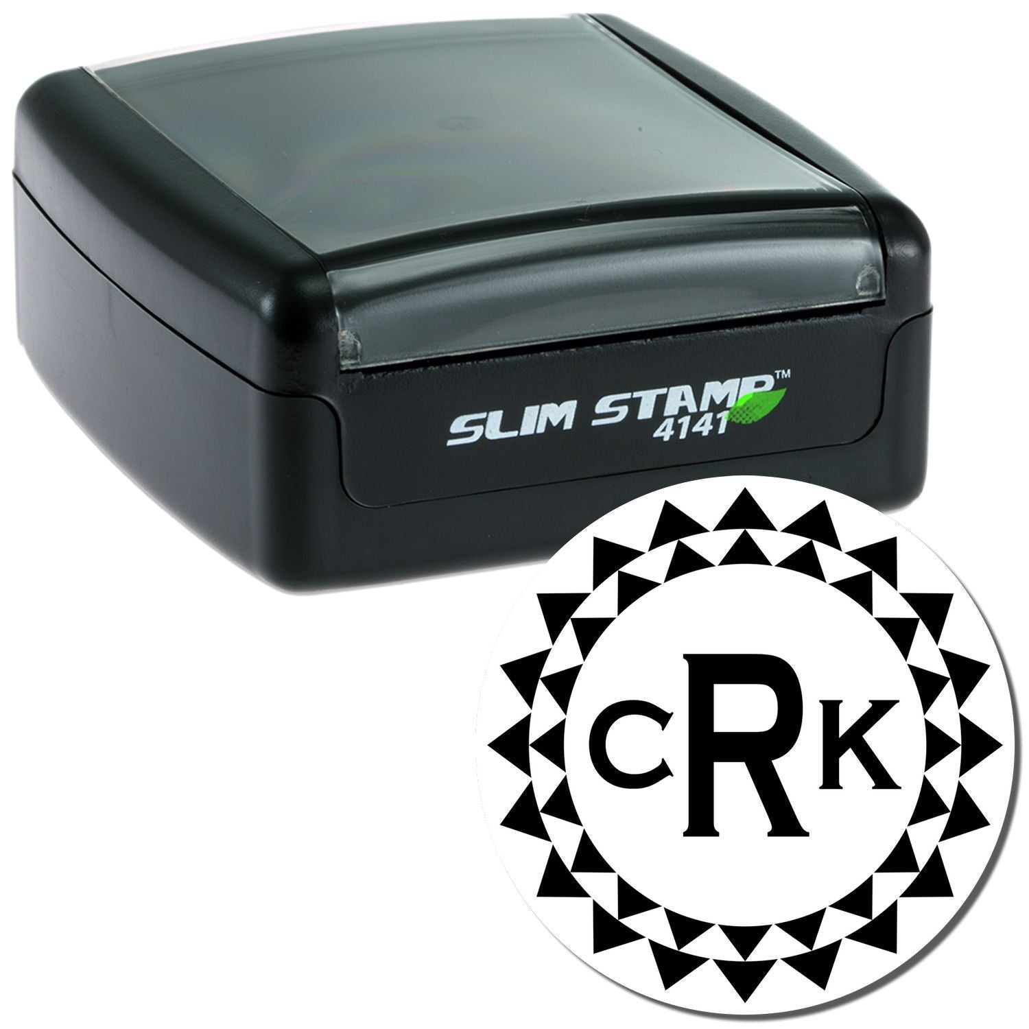 Slim Stamp 4141 self-inking custom rubber stamp with circular monogram logo for business branding and personalized marking