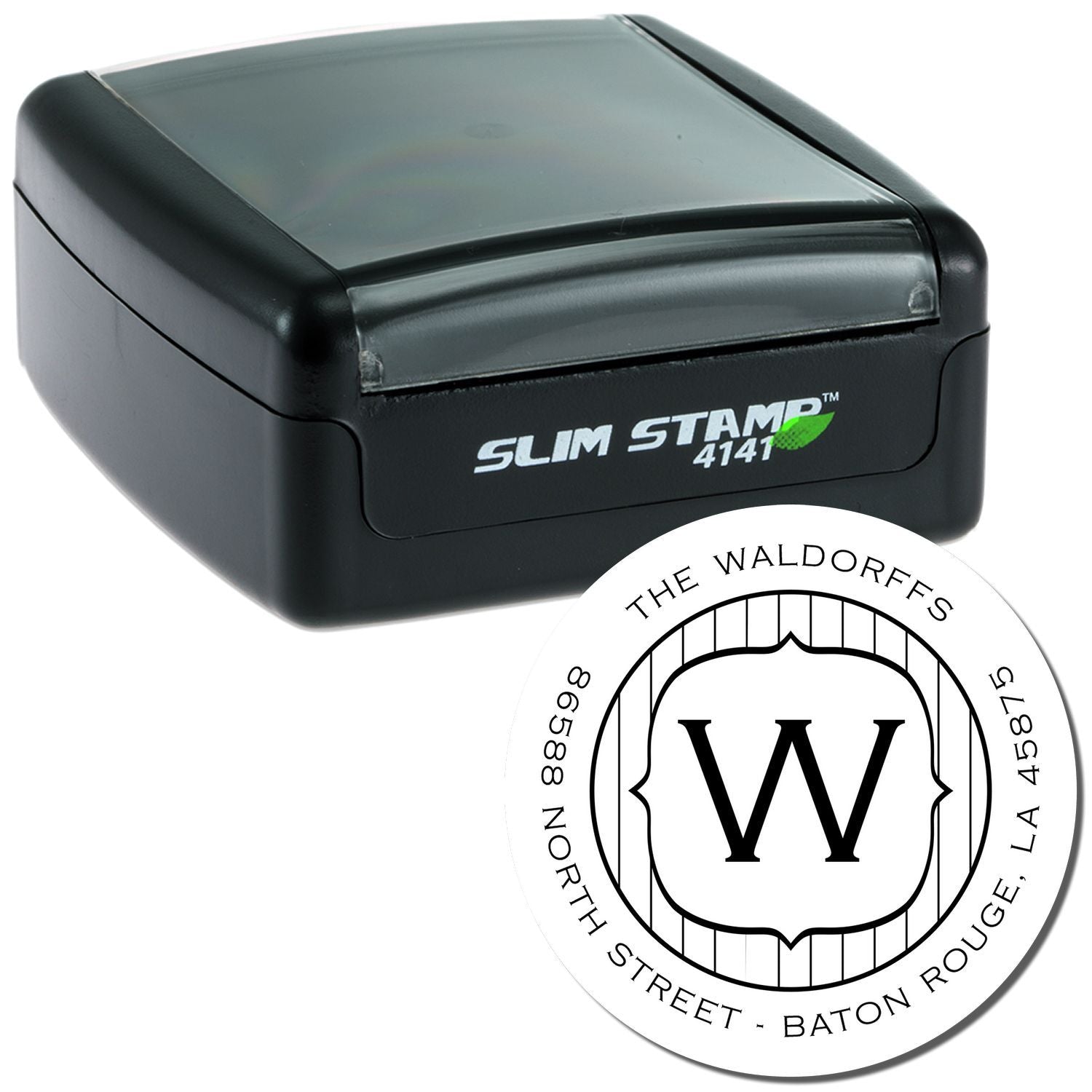Slim Stamp 4141 self-inking rubber stamp with custom circular monogram address design for business branding.