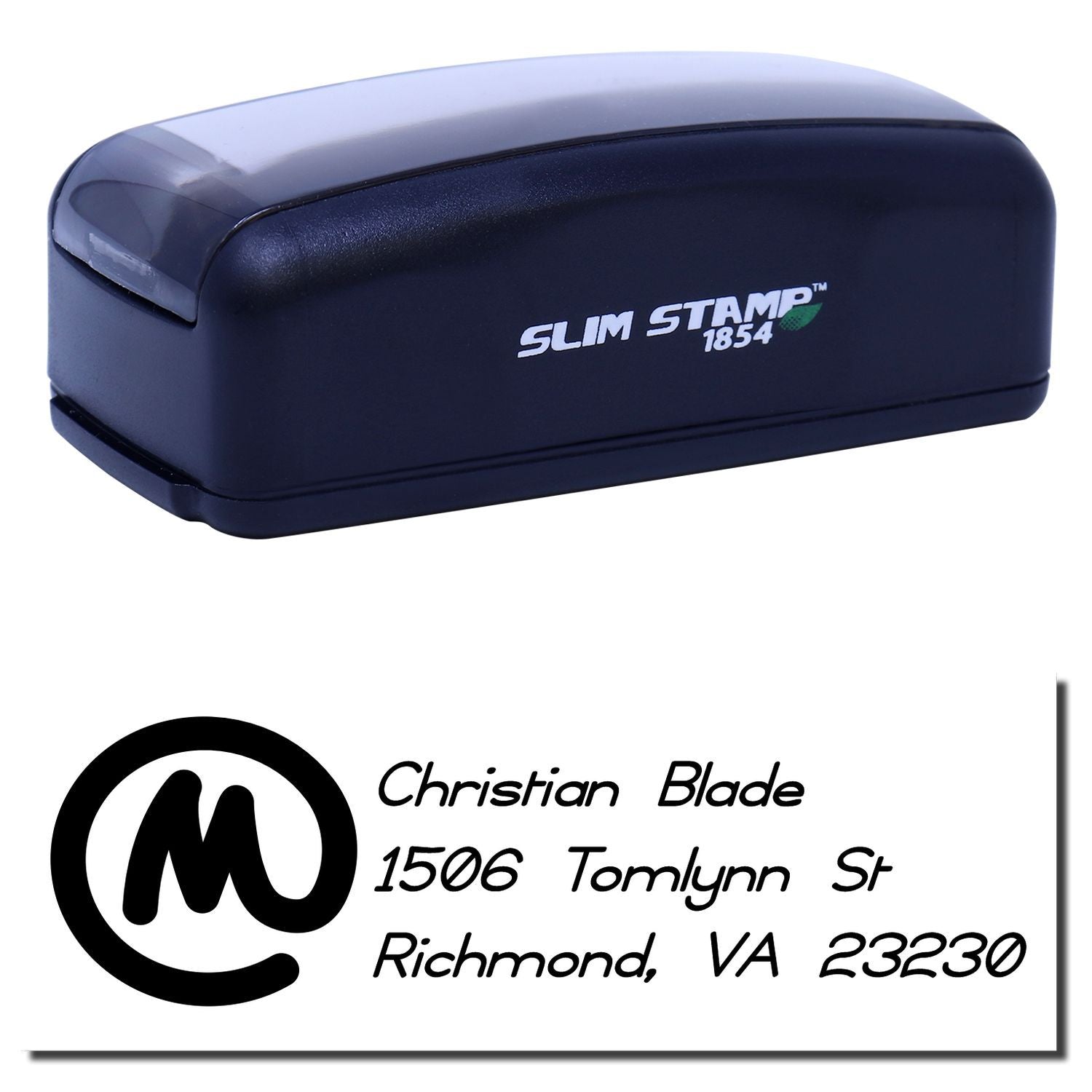 Slim Stamp 1854 self-inking rubber stamp with custom name and address imprint for mailing and business use