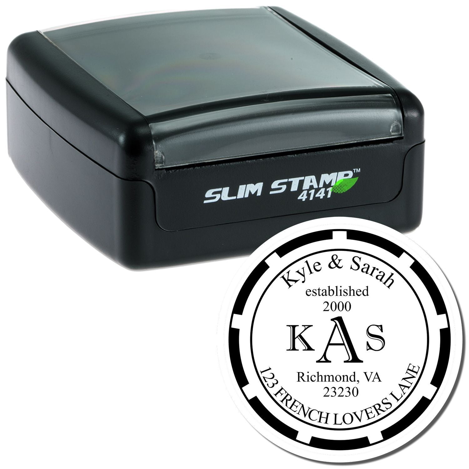 Slim Stamp 4141 self-inking custom address stamp for Kyle & Sarah, Richmond VA, established 2000compact office label stamper