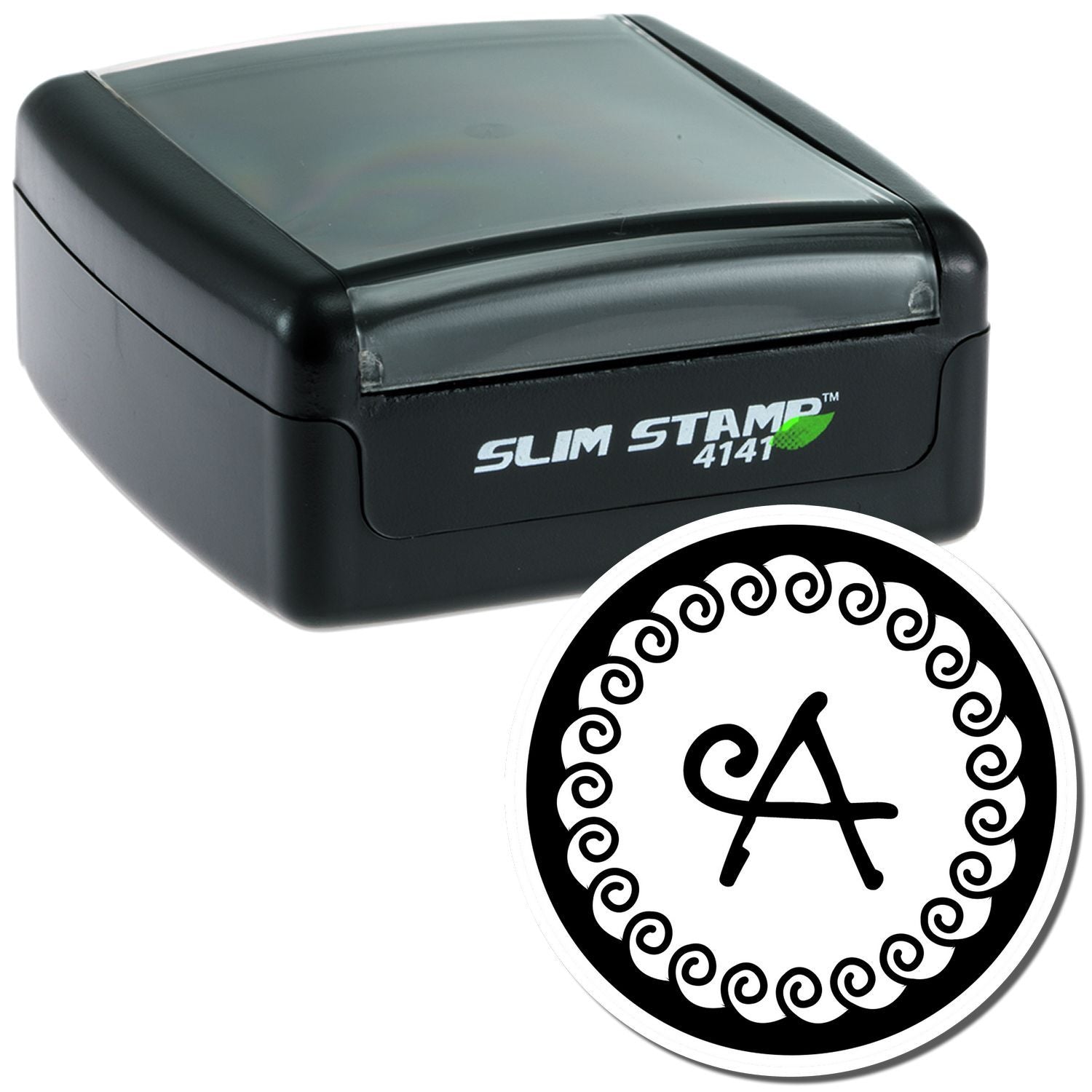 Slim Stamp 4141 self-inking stamp tool showing an A mark for labeling, shipping, and office document identification