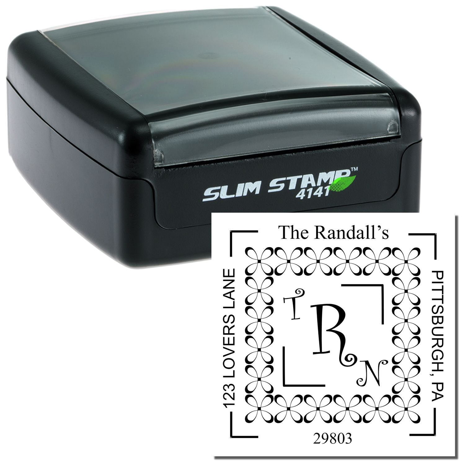 Slim STAMP 4141 inkless style stamp labeled The Randalls for personalized address labels, size 3.125x1.5, 29803 vintage monogram border design.