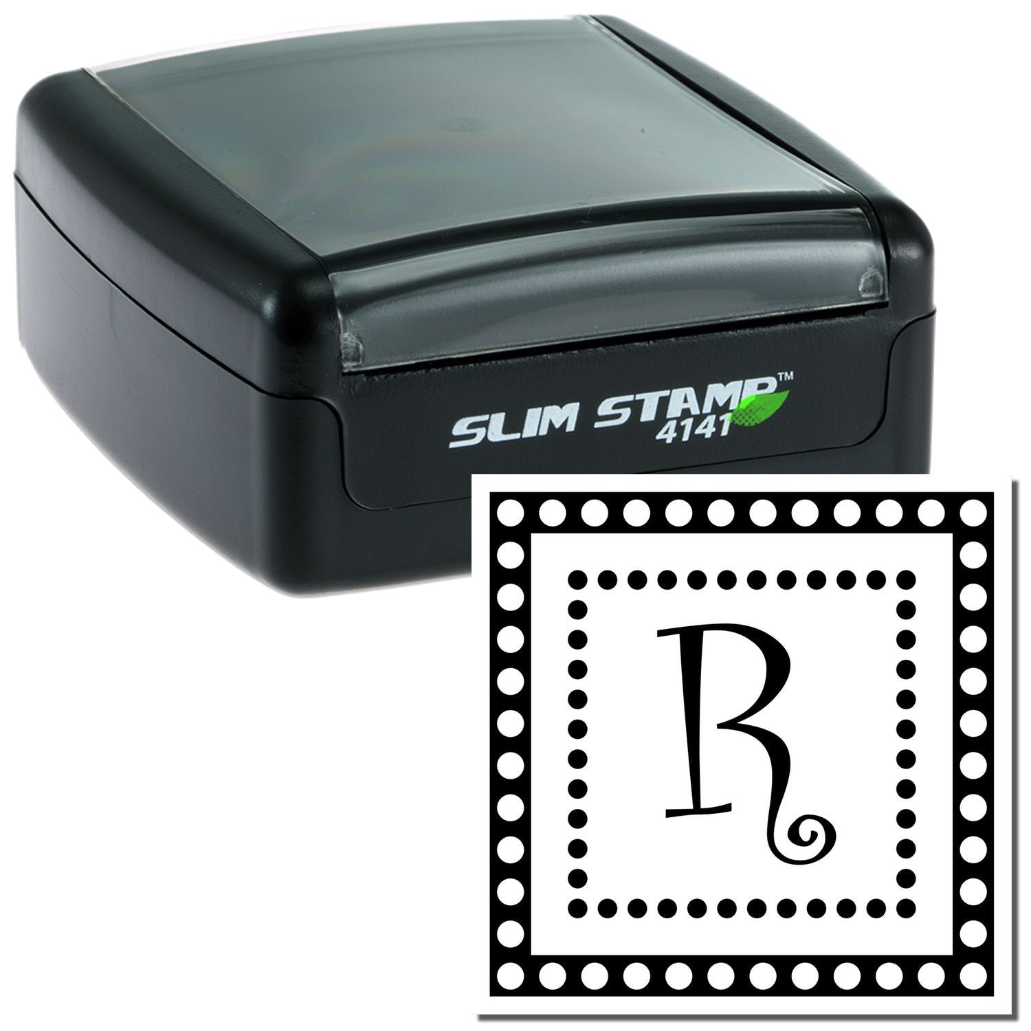 Slim Stamp 4141 self-inking monogram stamp with decorative R design for custom branding, stationery, or address use.