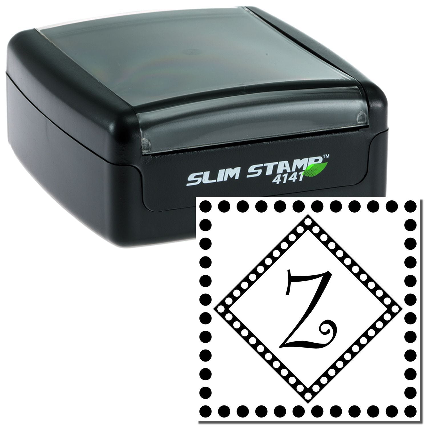 Close-up of Slim STAMP 414T self-inking date stamp, showing ink roller and imprint preview border.