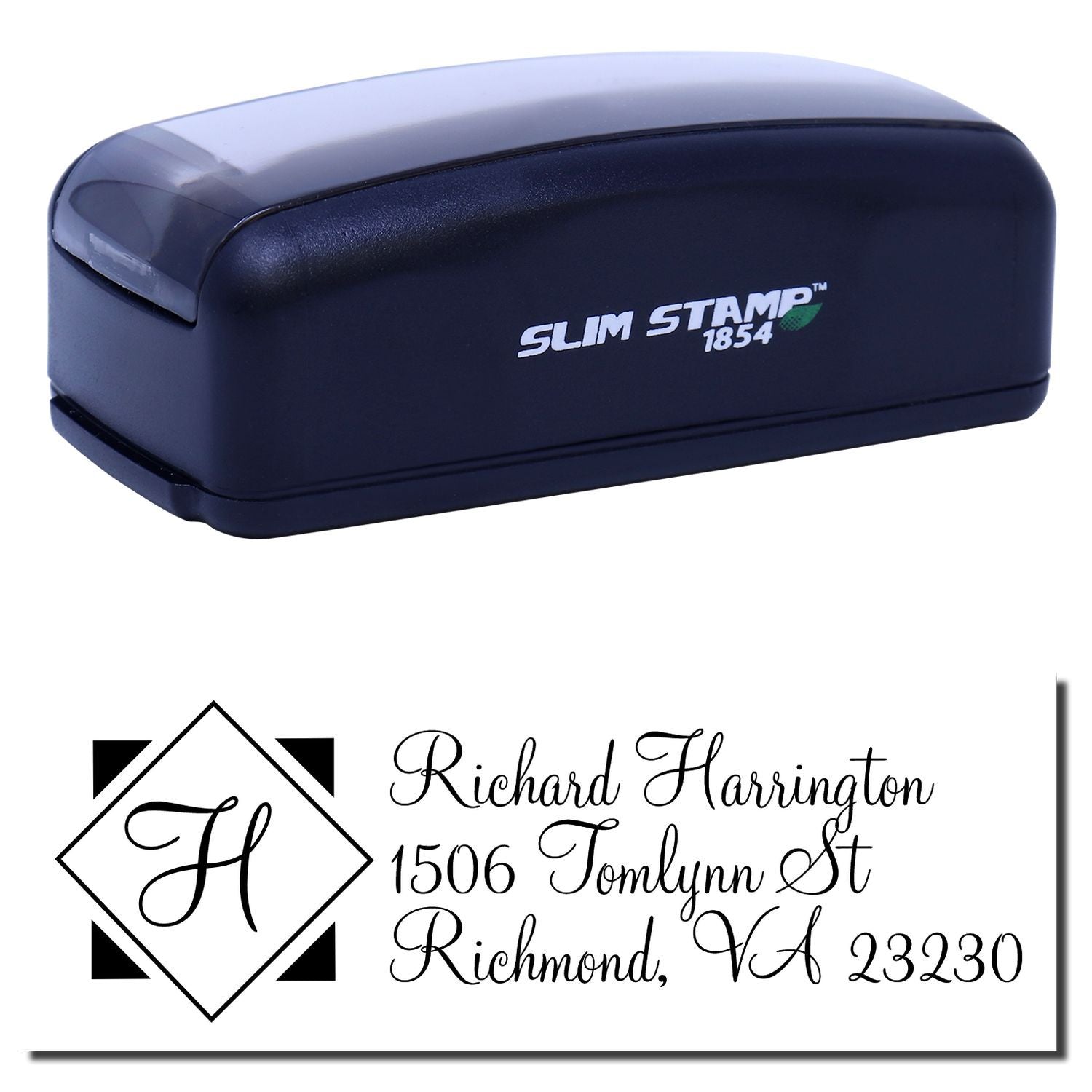 Personalized Slim Stamp 1854 self-inking rubber stamp with monogram return address for custom name and mailing address.