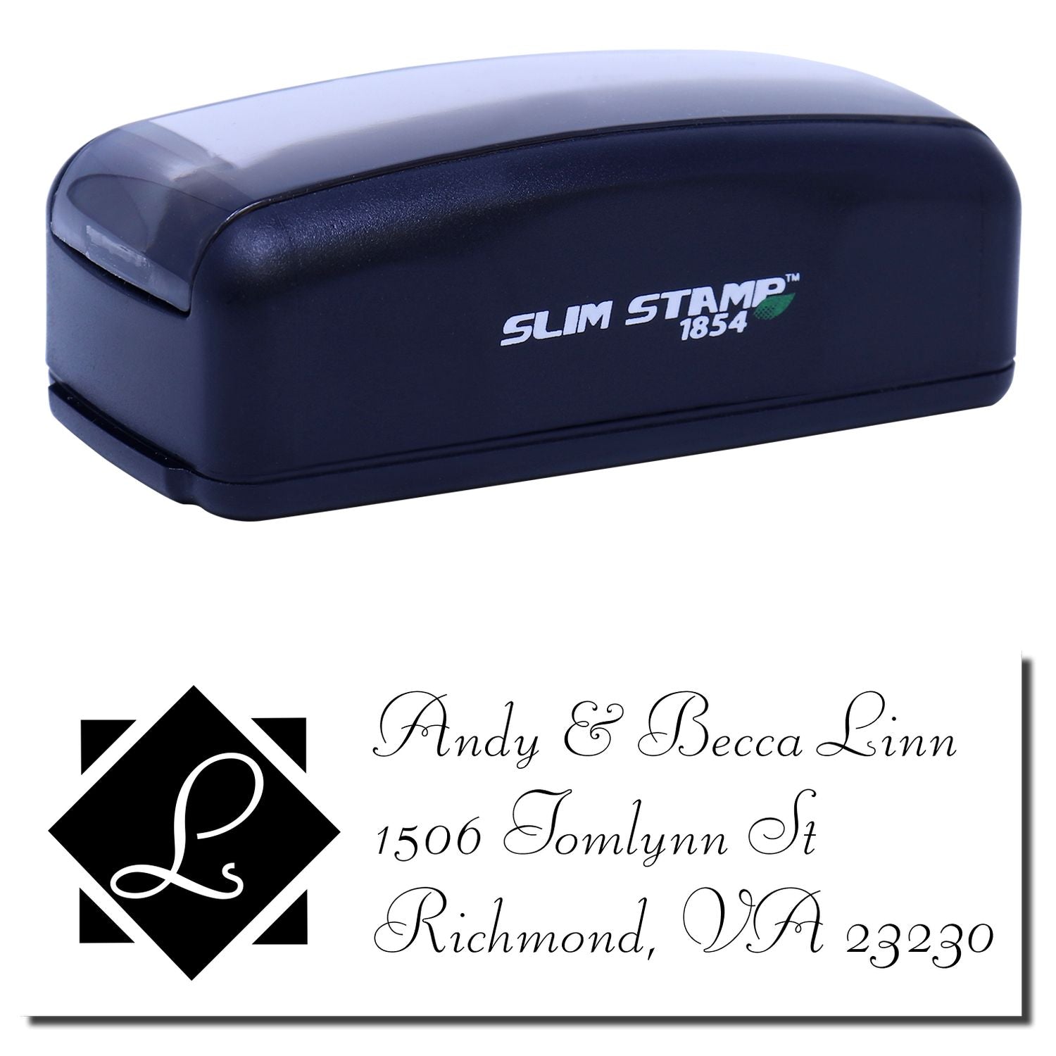 Slim Stamp 1854 self-inking rubber stamp with custom address and monogram design for personalized mailing.
