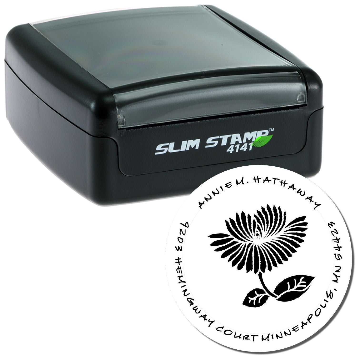 SlimStamp 4141 self-inking stamp for wedding invitations and documents, compact black design with plant emblem.