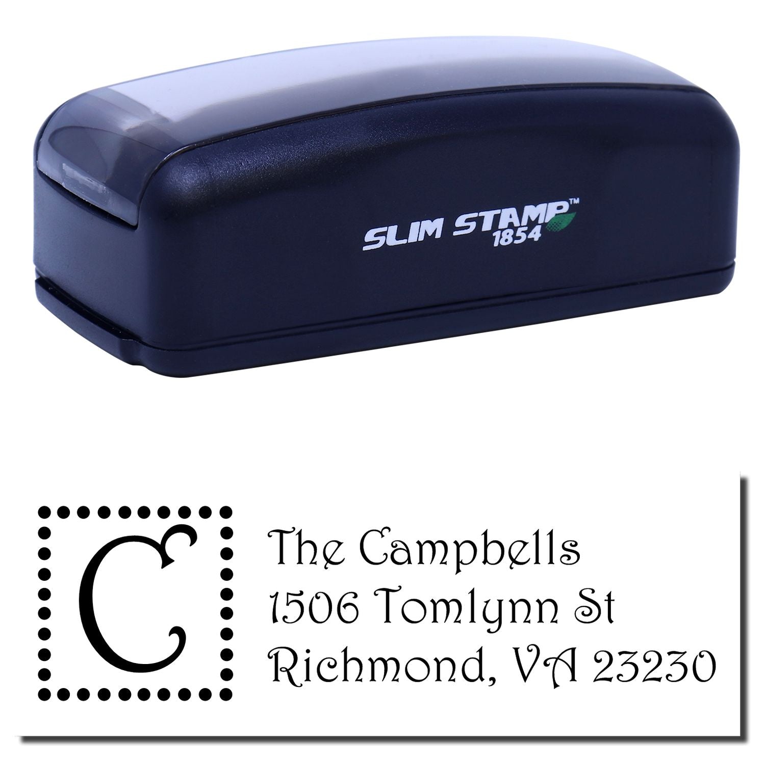 Slim Stamp 1854 self-inking address rubber stamp with custom monogram and return address for personalized mailing labels