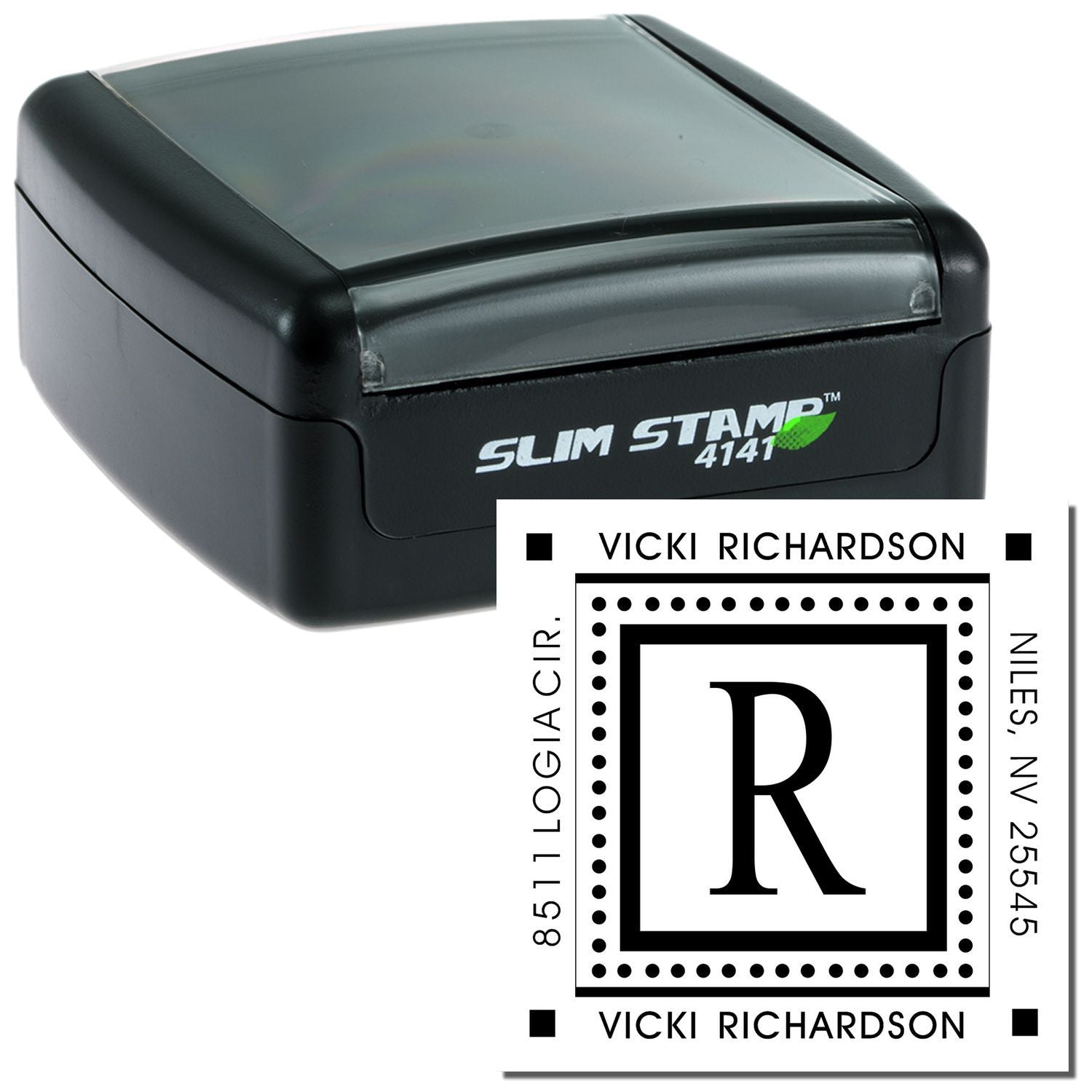 Slim Stamp 4147 custom name stamp for Vicki Richardson with letter R imprint, ideal for marking crafts and paper.