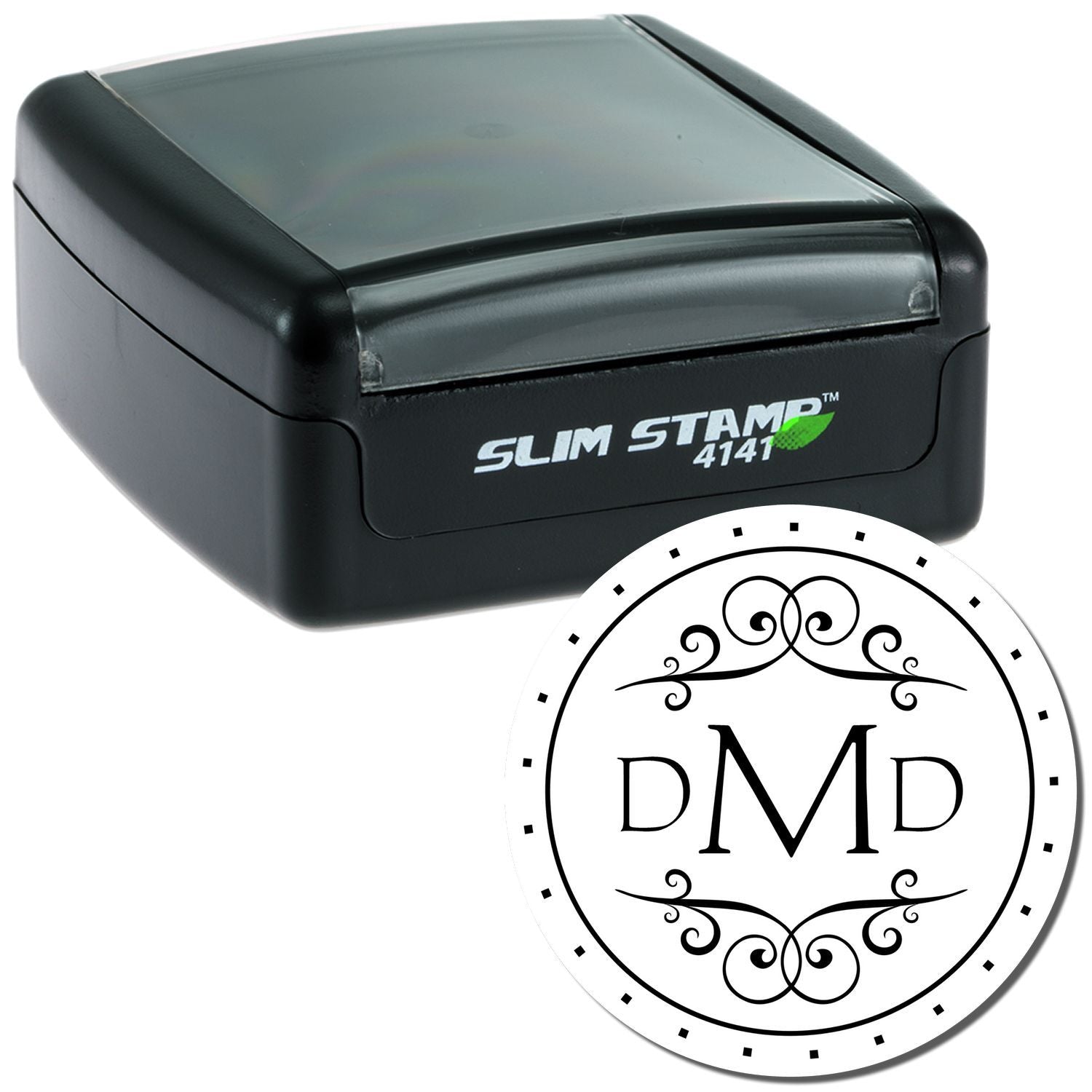 Close-up of Slim Stamp 4111 self-inking stamp with DMD logo, portable tool for labeling, date and text marking.