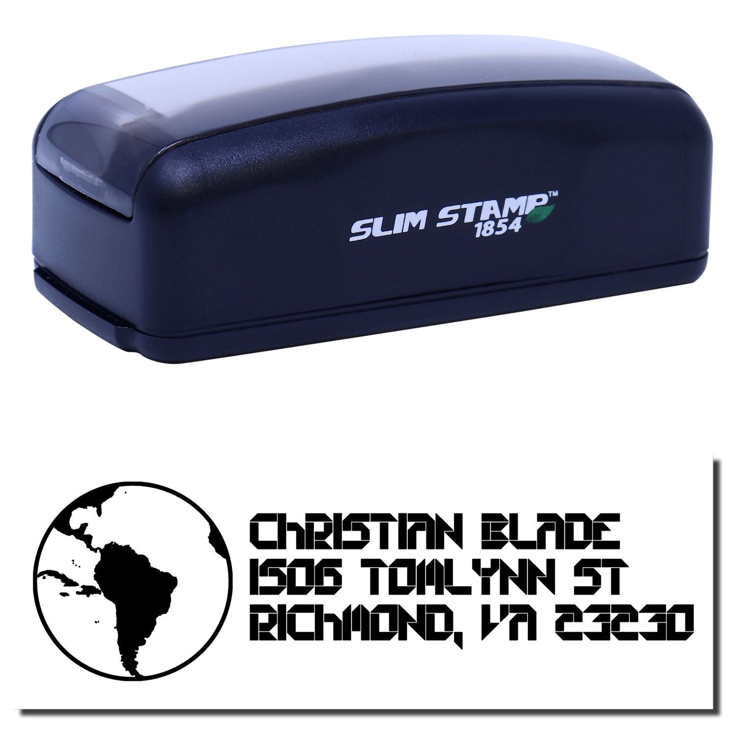 Slim Stamp 1854 self-inking rubber stamp showing a custom Christian Blade logo and address imprint for business use.