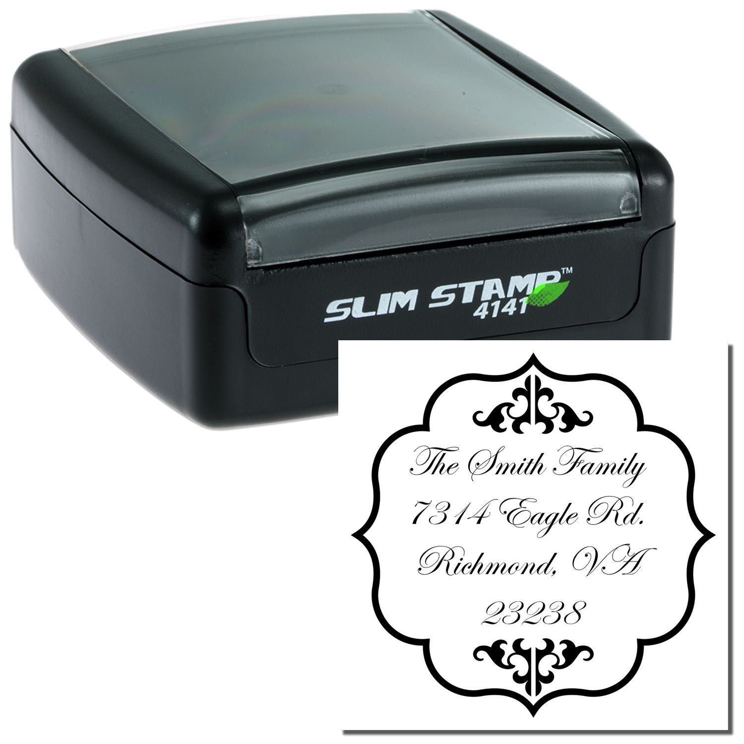 SLIM STAMP 4141 personalized rubber address stamp imprint: The Smith Family, 1314 Eagle Rd., Richmond, VA 23238.