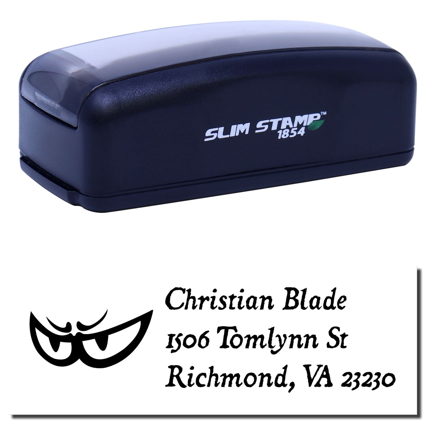 Slim Stamp 1854 self-inking rubber stamp with custom return address imprint and logo for Christian Blade, Richmond, VA.