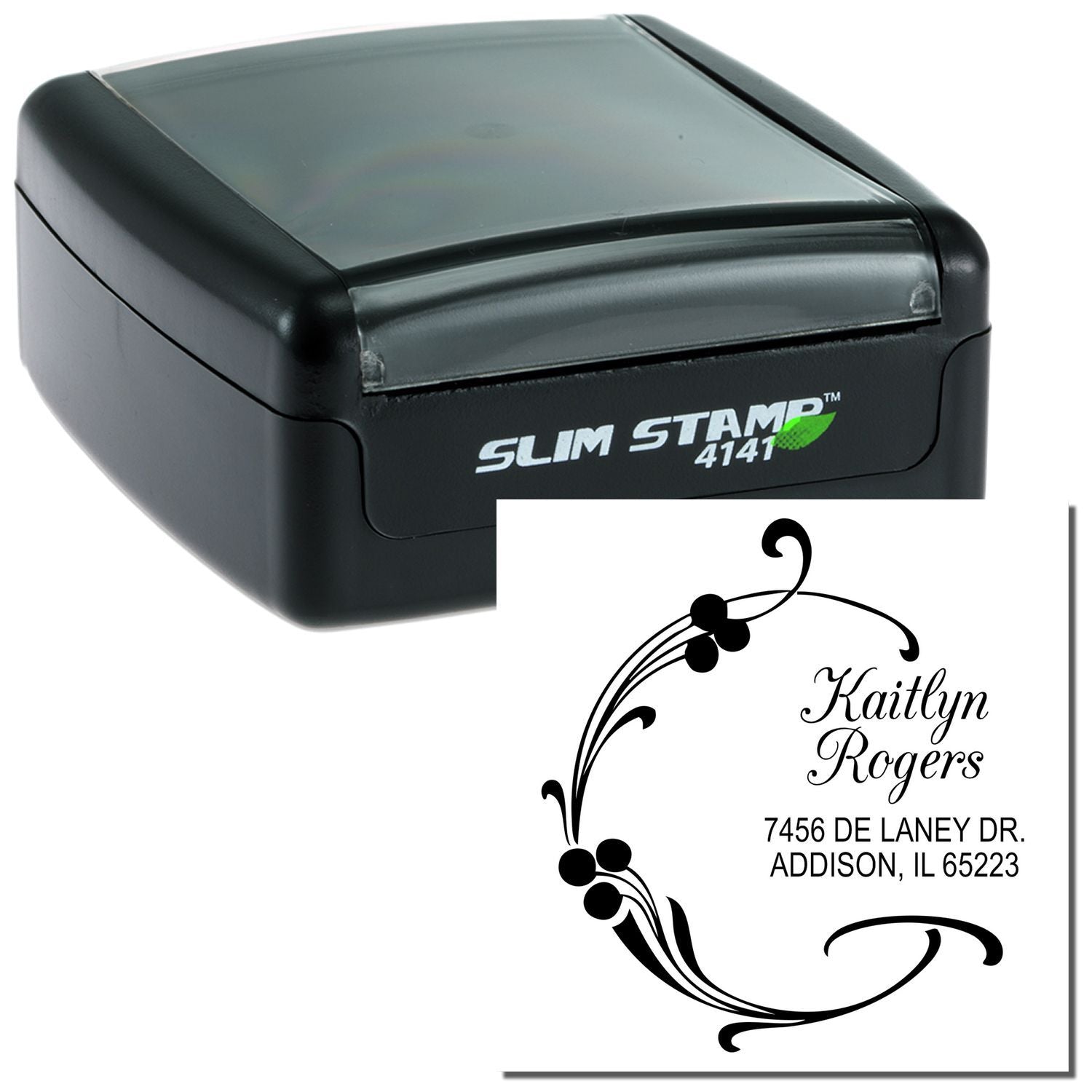 Slim Stamp 4141 self-inking stamp image with Kaityn Rogers and address 7456 De Laney Dr, Addison IL 65223.