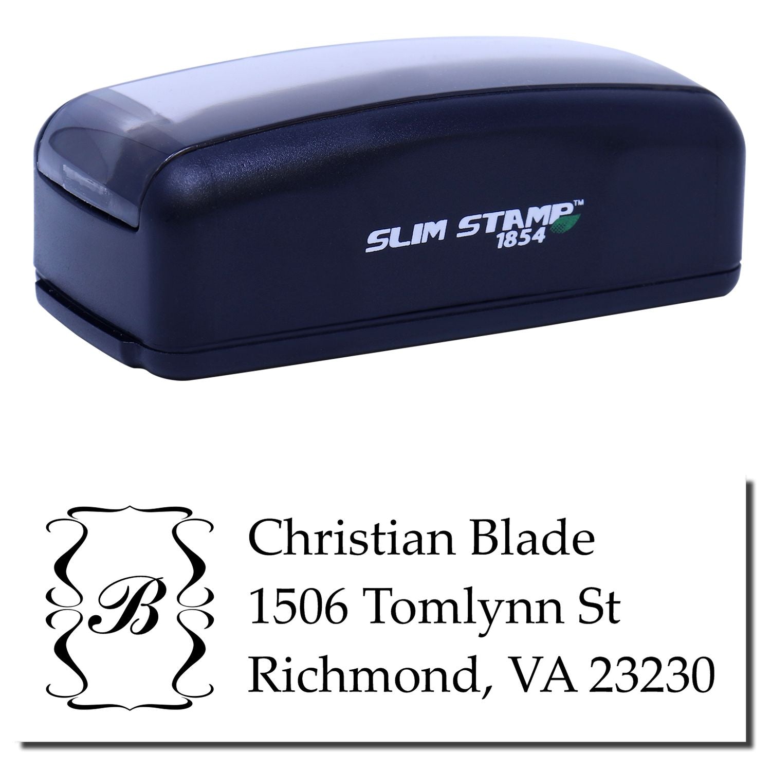 Custom self-inking Slim Stamp 1854 rubber stamp with monogram and address for Christian Blade, Richmond VA return mailing.