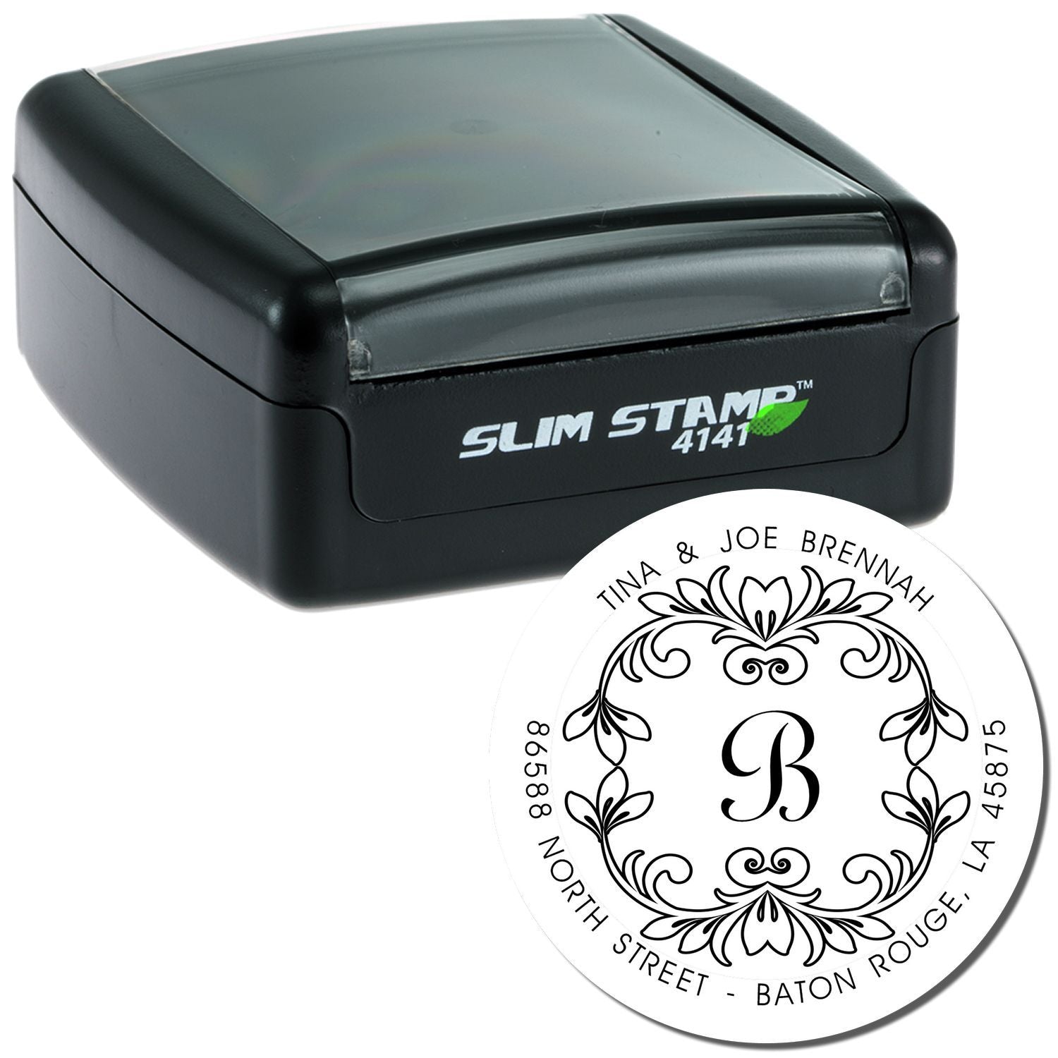 Slim Stamp 4141 self-inking custom address stamp with Tina & Joe Brennan circular logo for mail and labels, Baton Rouge Louisiana